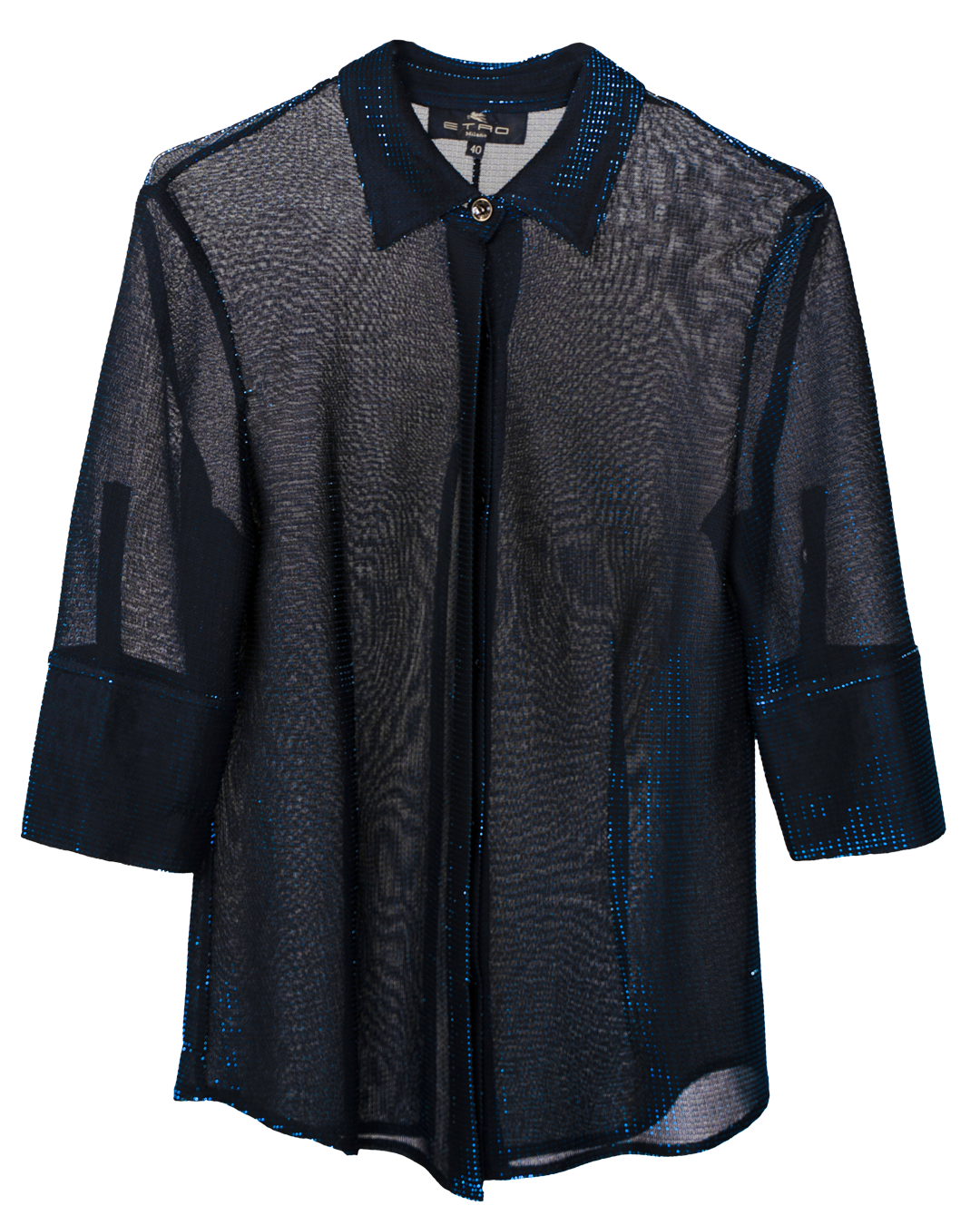 Camicia Donna Etro Blu Notte Maglia Lurex Semitrasparente Collo a Camicia Made in Italy