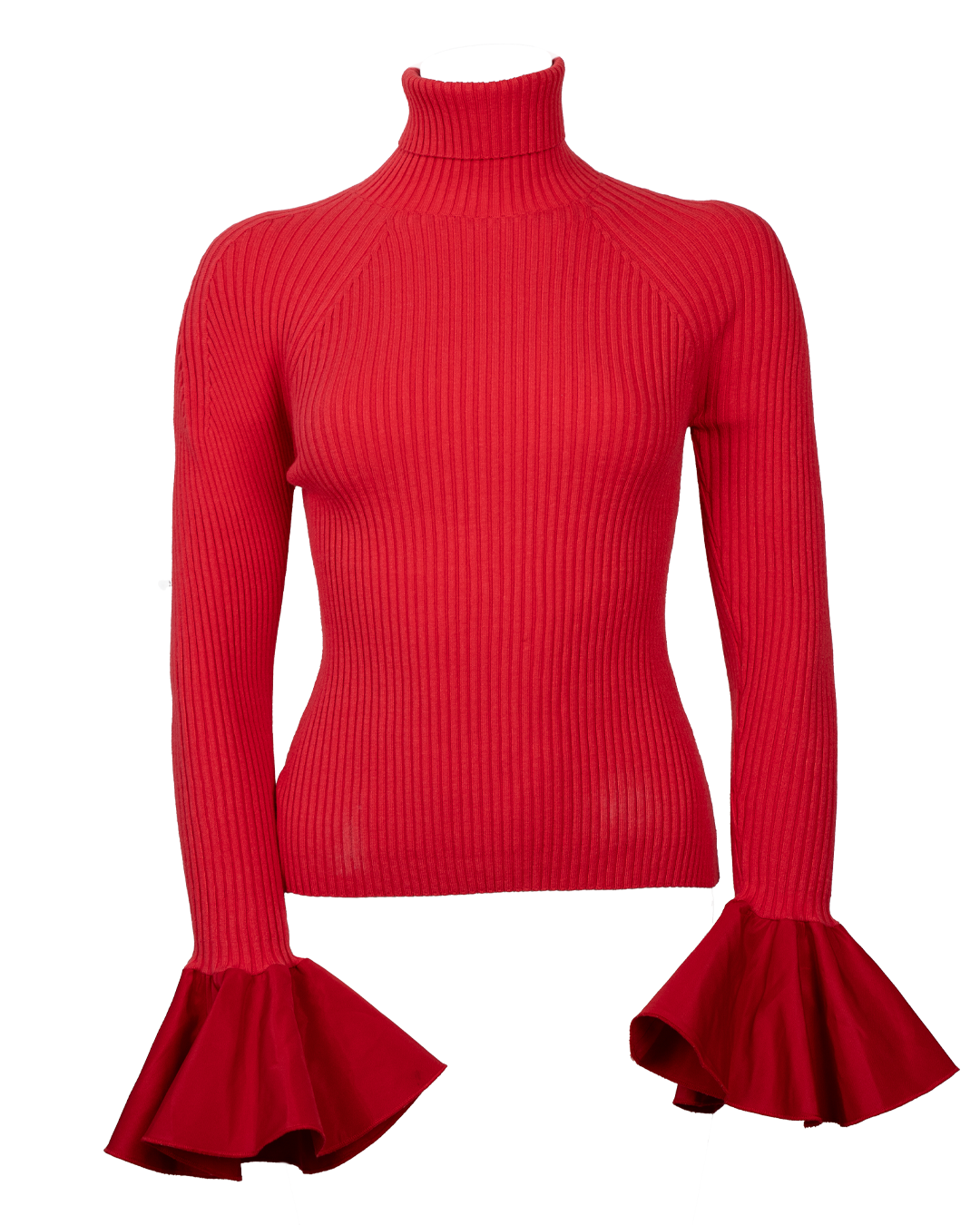 Maglia Dolcevita Donna Elisabetta Franchi Rossa a Coste con Polsini a Balza Made in Italy