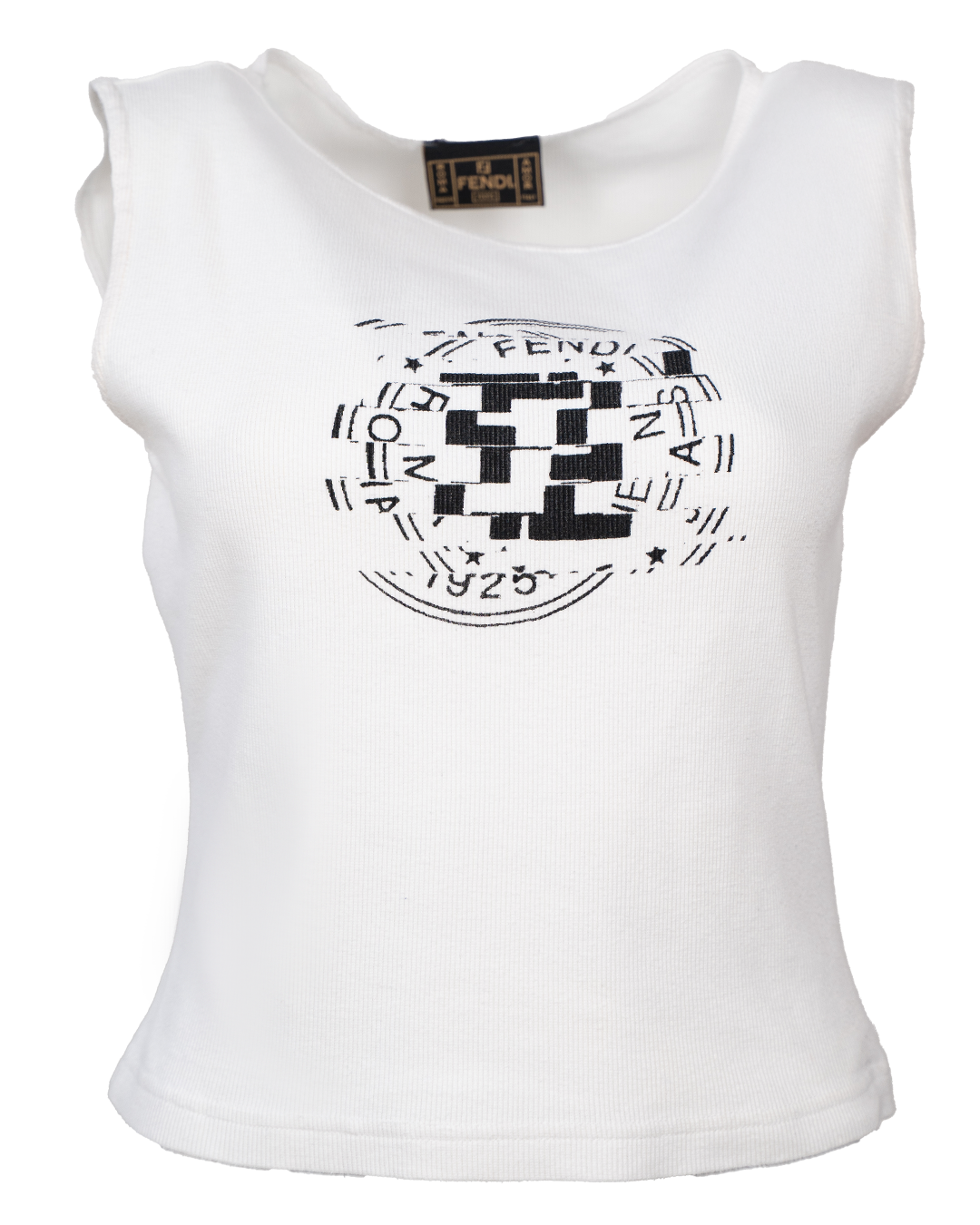 Canotta Top Donna Fendi Jeans Bianca a Coste con Logo Stampato Vintage Made in Italy