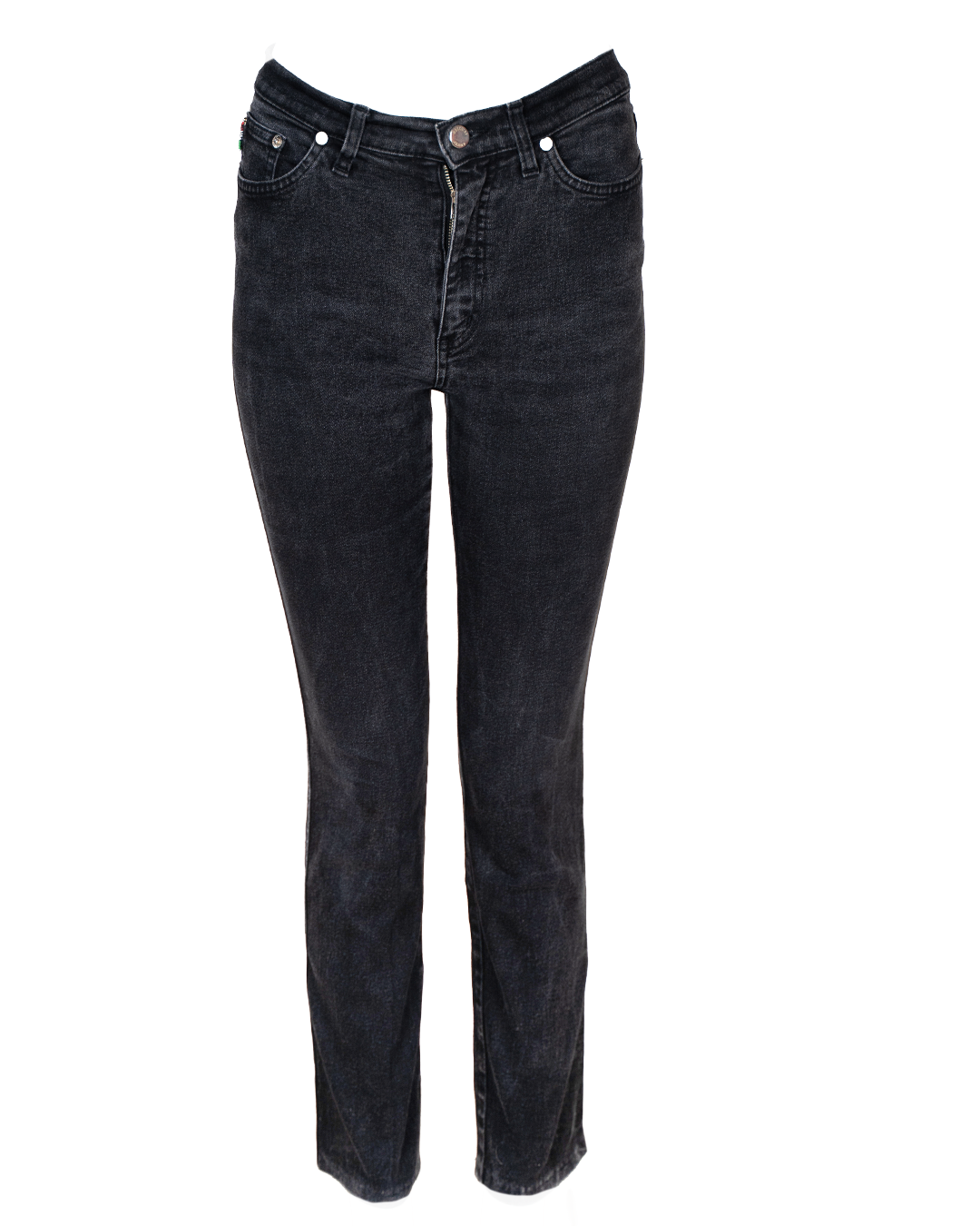 Jeans Donna Moschino Neri Slim Dritti Denim Lavaggio Scuro Emblema Peace Argentato Vintage