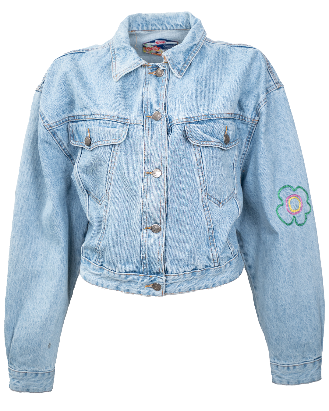 Giacca di Jeans Donna Rifle Azzurra Corta Vintage Anni 80 Fiore Ricamato Made in Italy