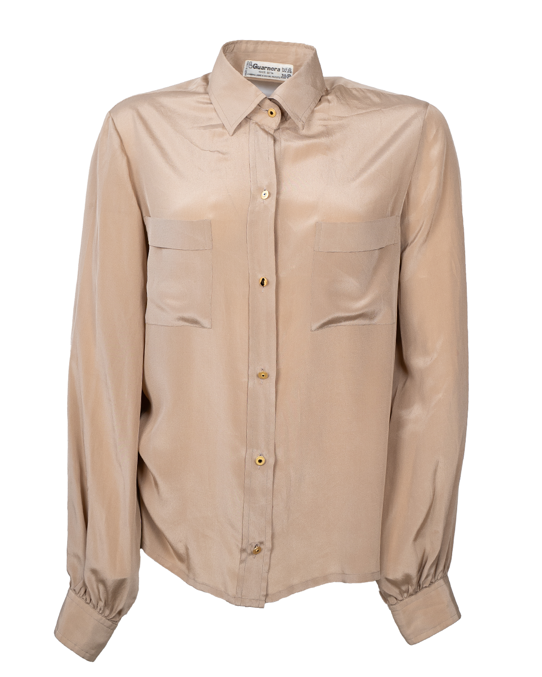 Camicia Donna Guarnera Beige Champagne 100% Seta con Bottoni Dorati Vintage