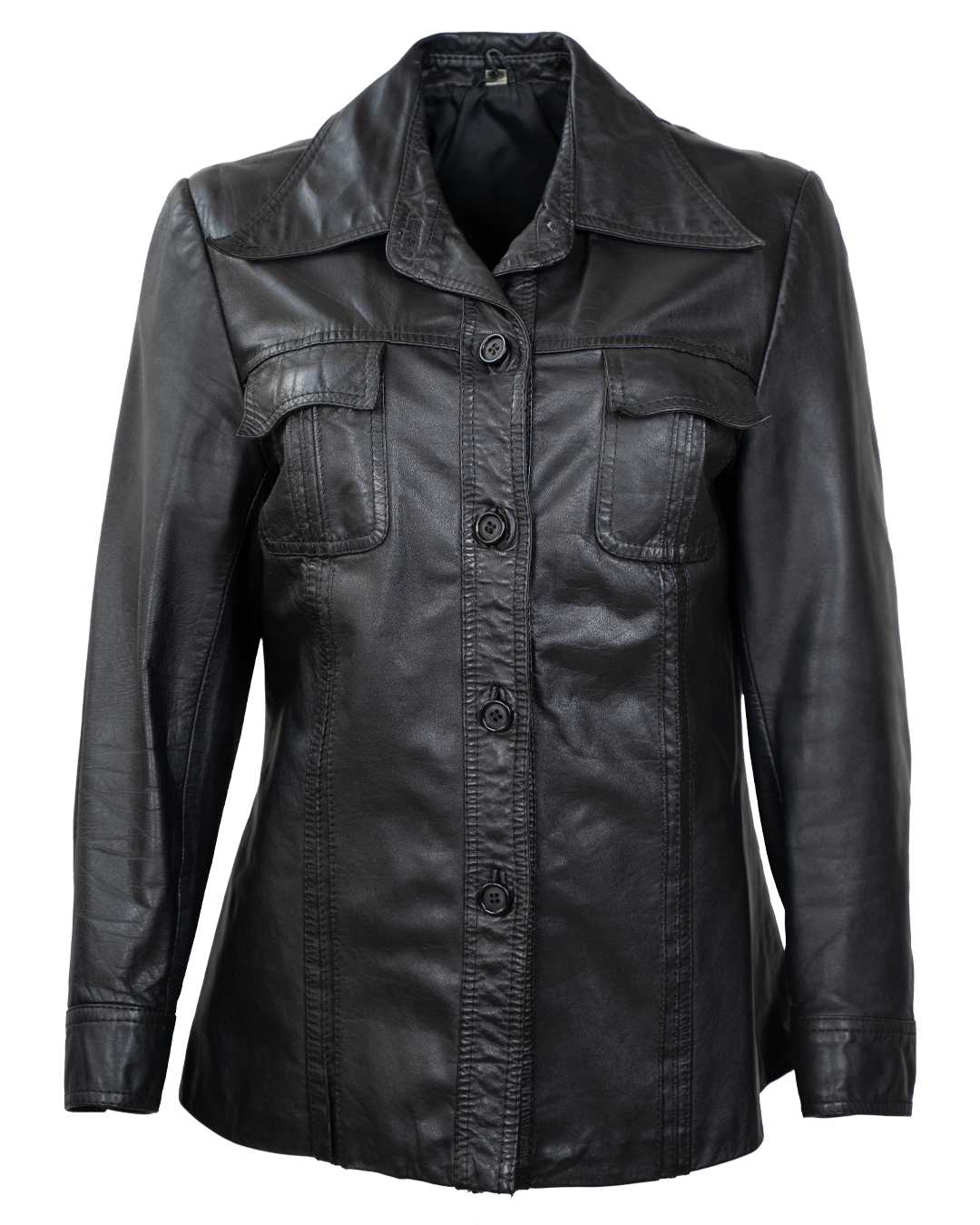 Giacca in Pelle Unisex Nera Vintage Anni 70 con Tasche a Patta
