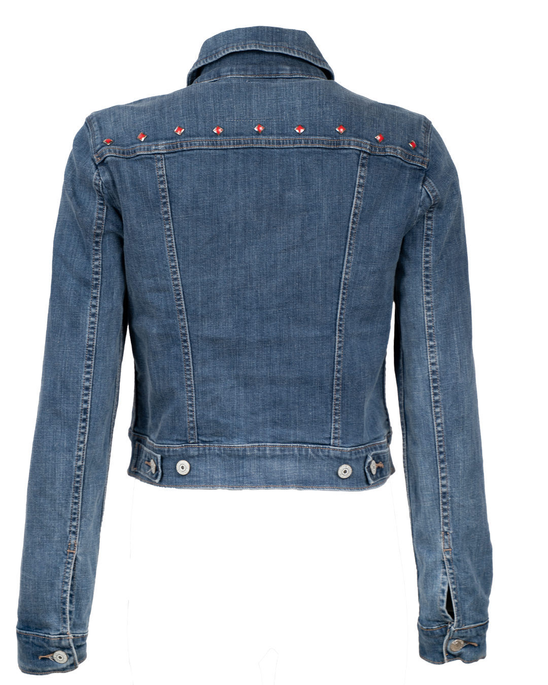 Giacca di Jeans Donna Levi's Blu Corta Trucker con Borchie Rosse Vintage Anni 2000 - foto 2
