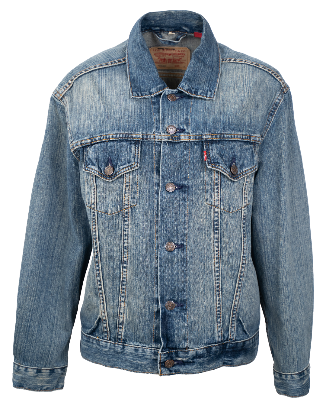 Giacca di Jeans Levi's Unisex Trucker Blu Medio Cuciture a Contrasto Vintage Anni 2000