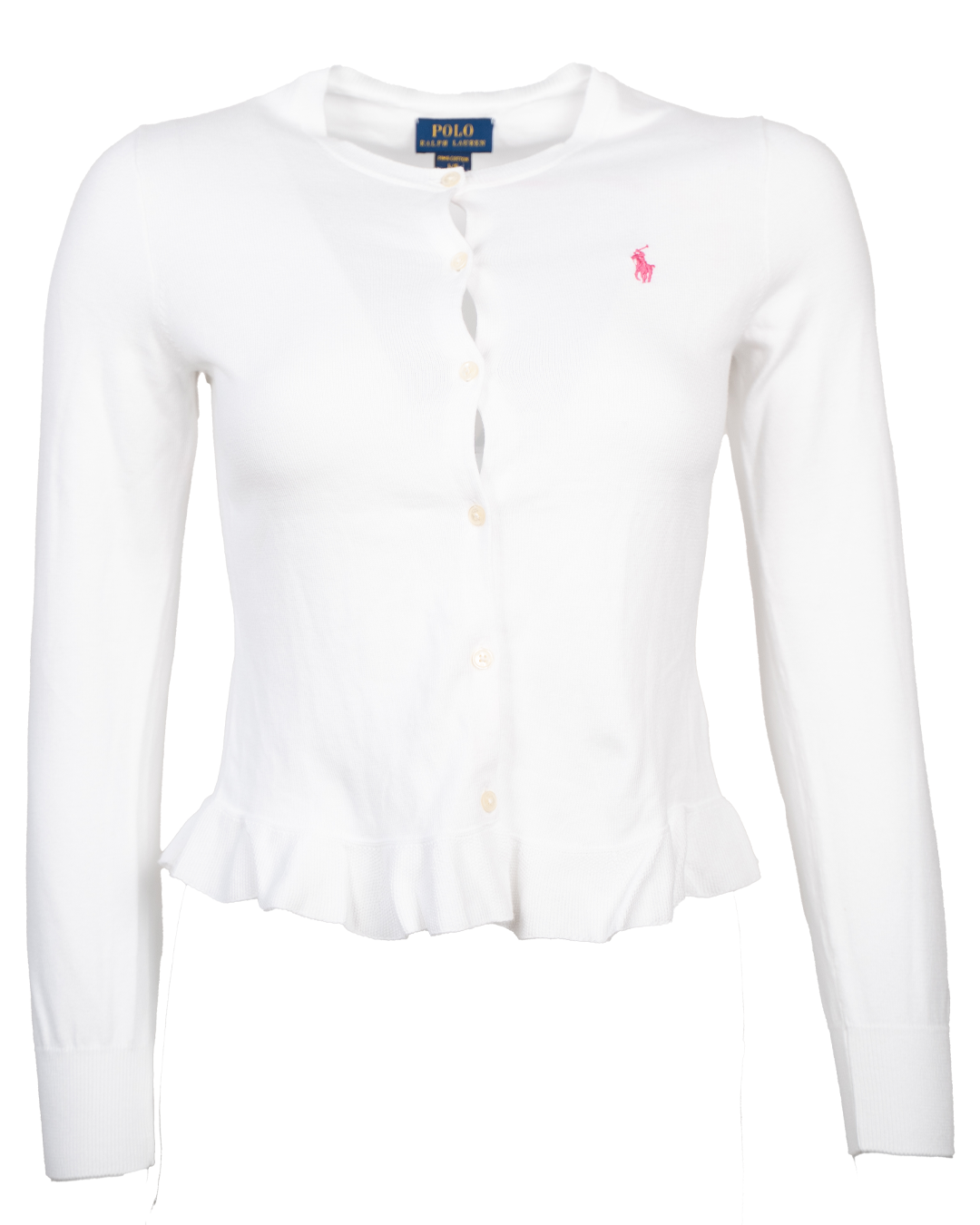 Cardigan Donna Polo Ralph Lauren Bianco Maglia Fine Orlo a Volant Pony Rosa Ricamato