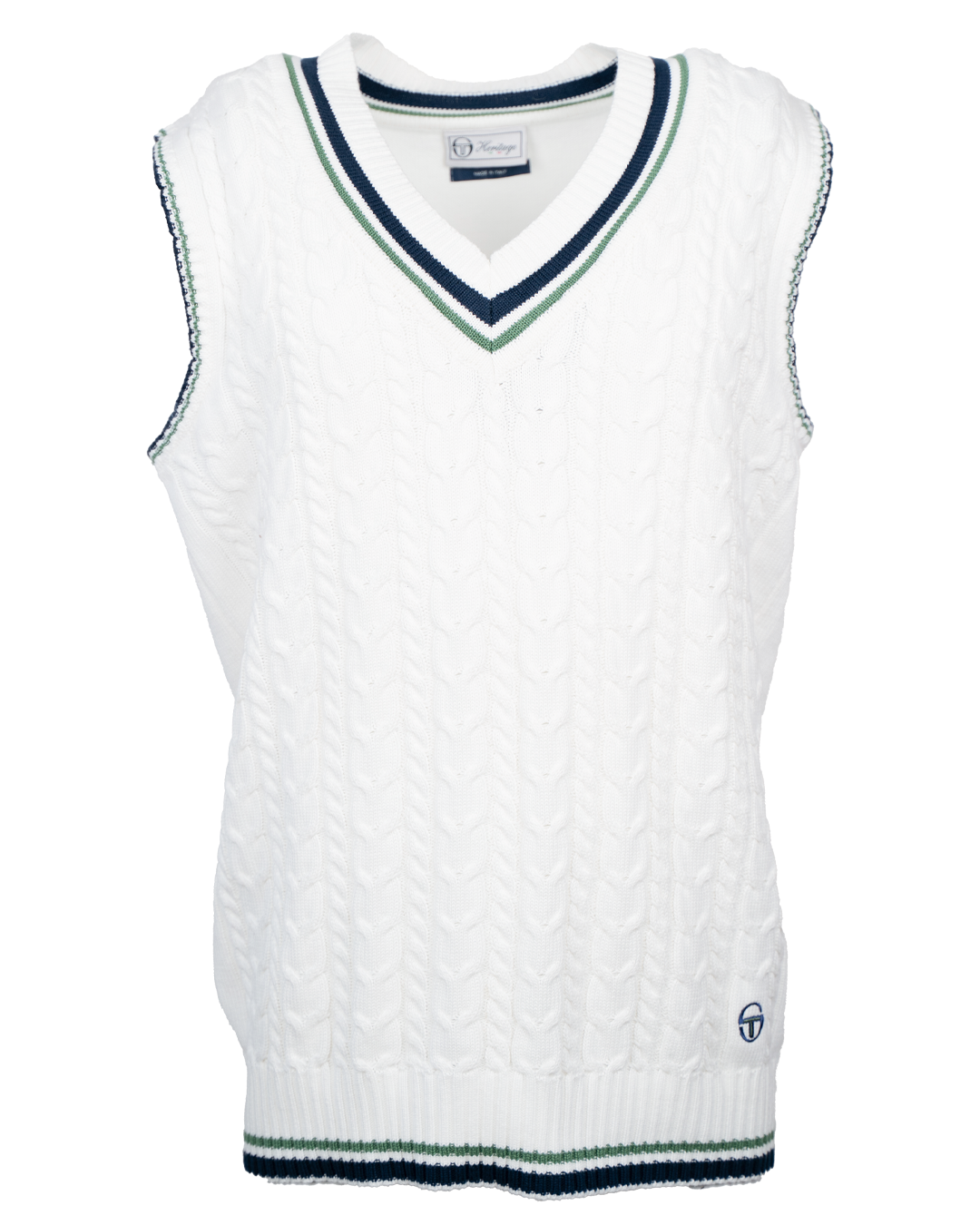 Gilet Smanicato Uomo Sergio Tacchini Bianco Maglia a Trecce Bordo Tennis Blu e Verde Made in Italy