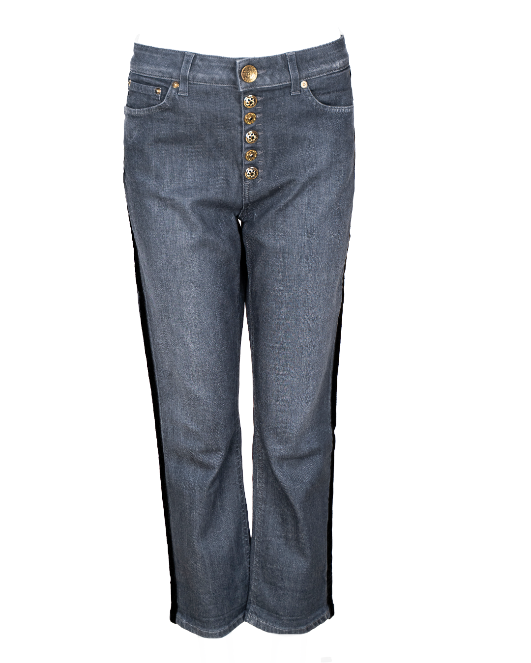 Jeans Donna Dondup Grigio Bottoni Gioiello Dorati Banda Tuxedo Nera Laterale Cropped