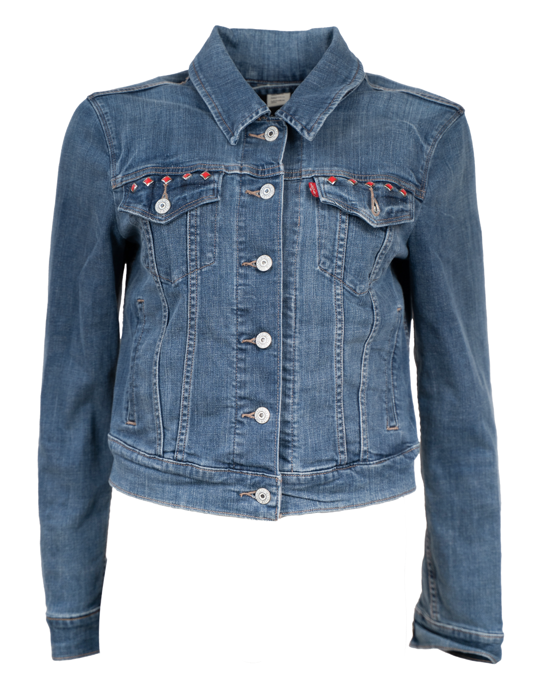 Giacca di Jeans Donna Levi's Blu Corta Trucker con Borchie Rosse Vintage Anni 2000