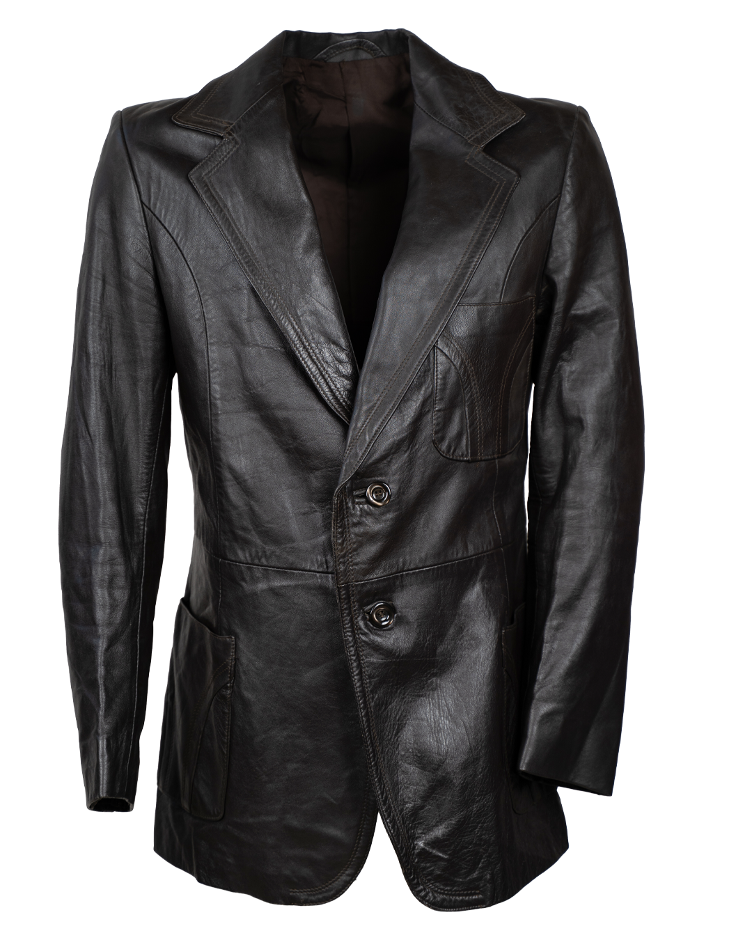 Giacca Blazer in Pelle Uomo Marrone Scuro Vintage Anni 70 con Revers Ampi