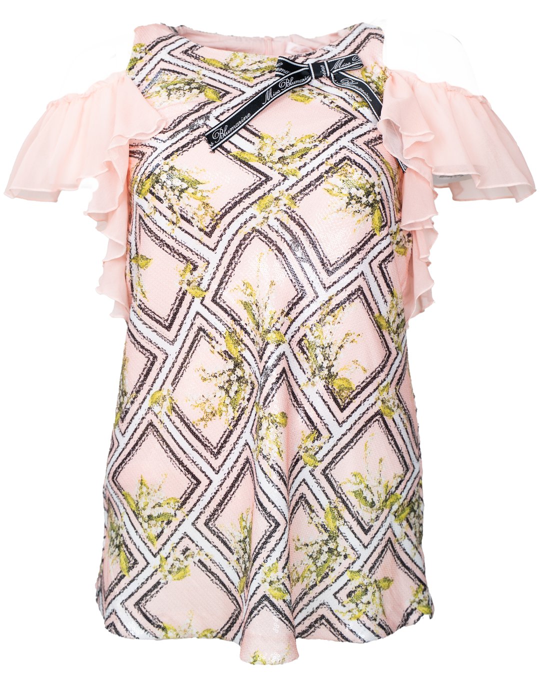 Abito Bambina Miss Blumarine Rosa con Stampa Geometrica Paillettes e Spalle Scoperte