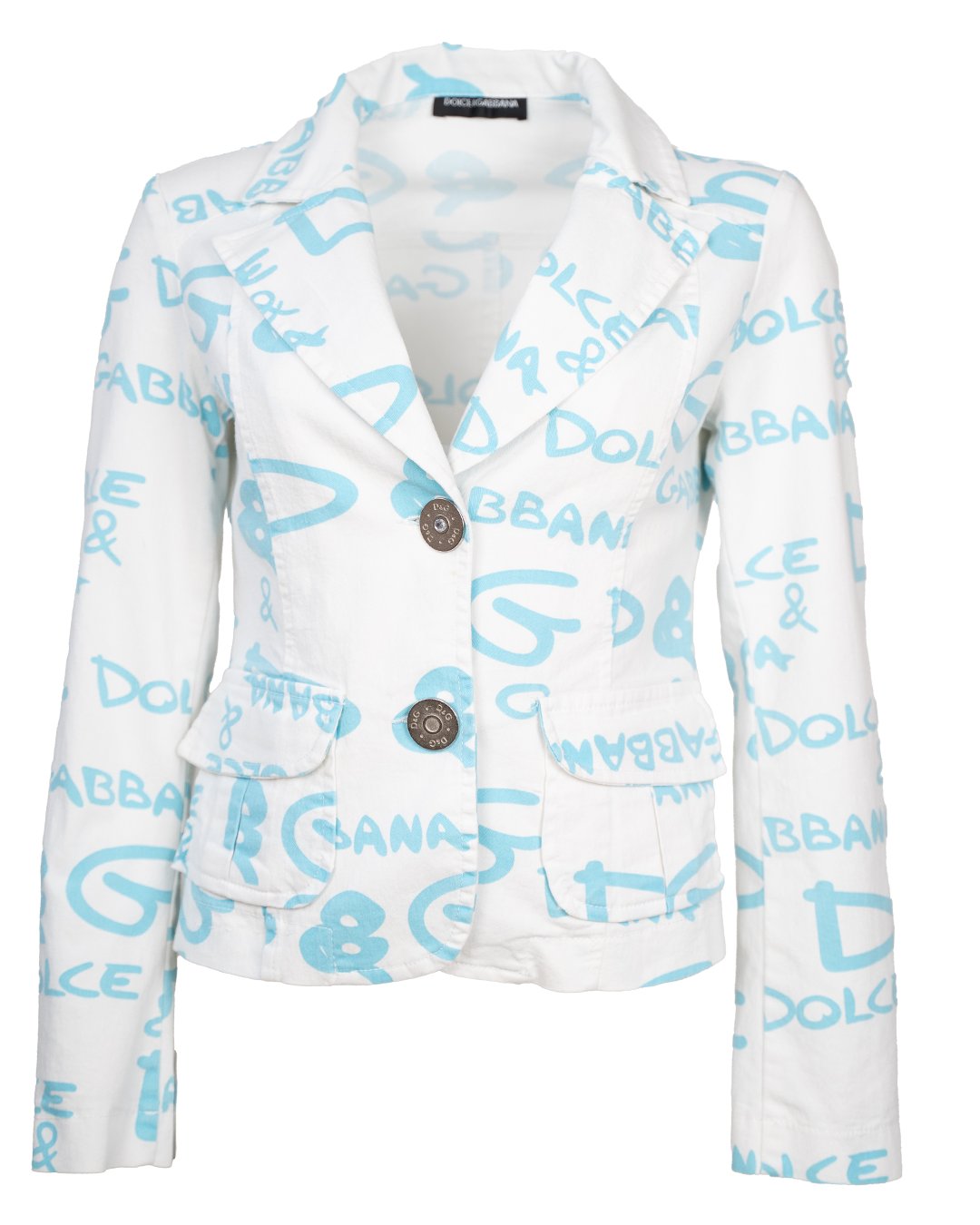 Blazer Donna Dolce & Gabbana Bianco con Stampa Logo Azzurra All-Over Vintage