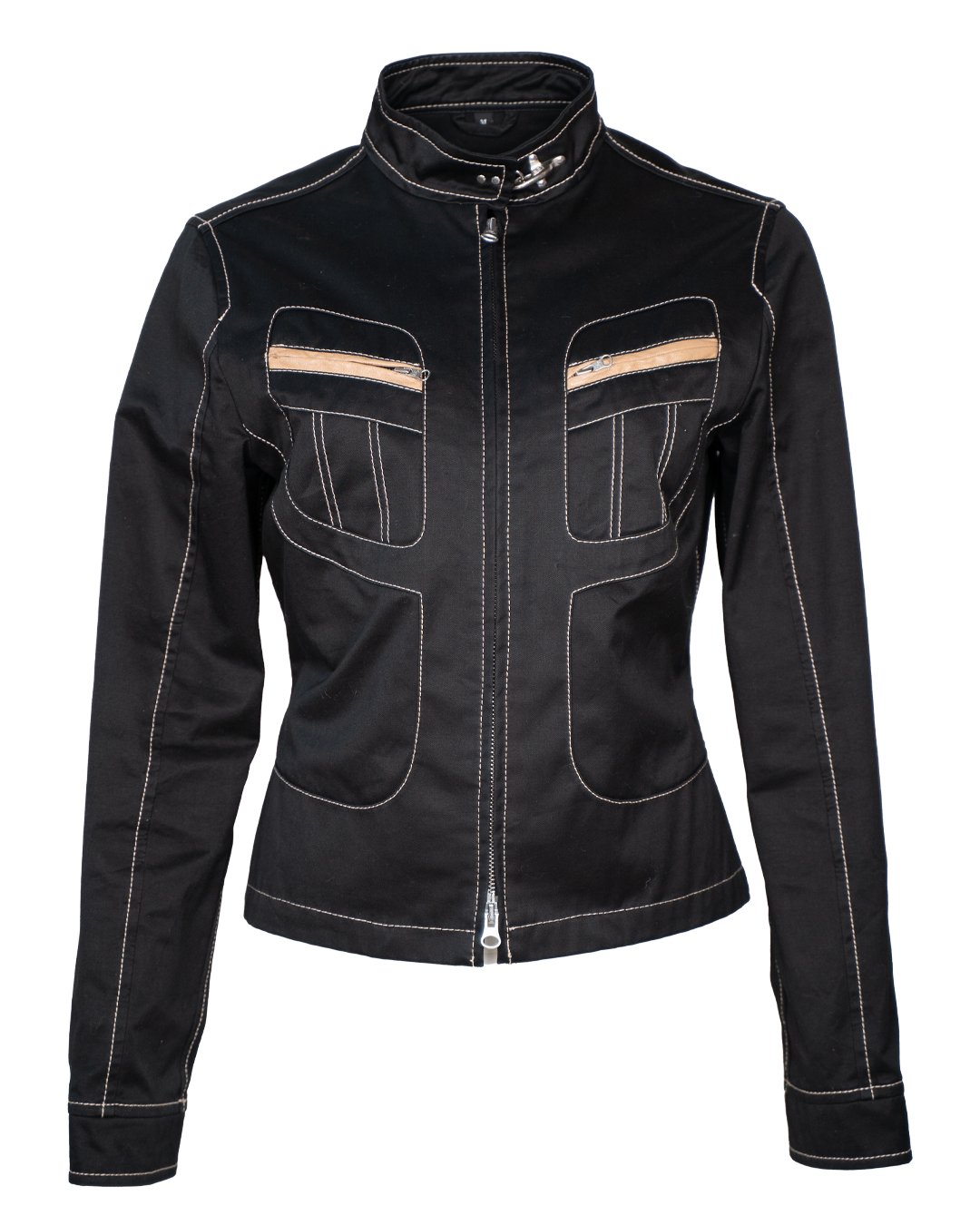 Giacca Donna Fay Nera con Cuciture a Contrasto e Profili in Pelle Cuoio Vintage