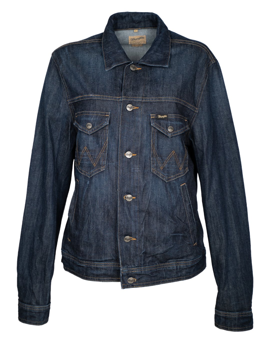 Giacca di Jeans Uomo Wrangler Blu Denim Scuro Trucker Vintage con Cuciture a W
