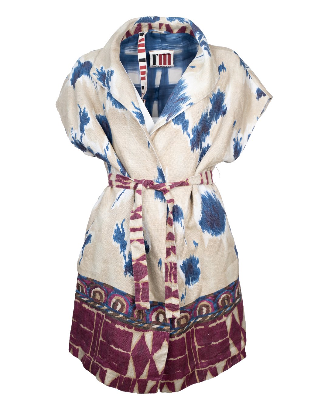 Giacca Kimono Donna I'M Isola Marras Panna con Stampa Ikat Blu e Bordo Etnico Vintage
