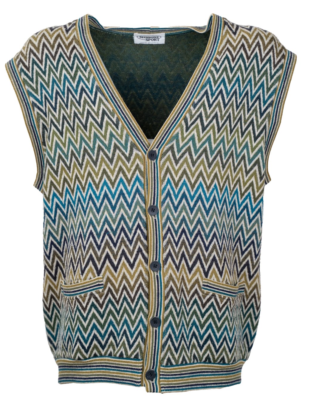 Gilet Uomo Missoni Sport in Maglia Zigzag Multicolor Vintage Anni 80 Scollo a V