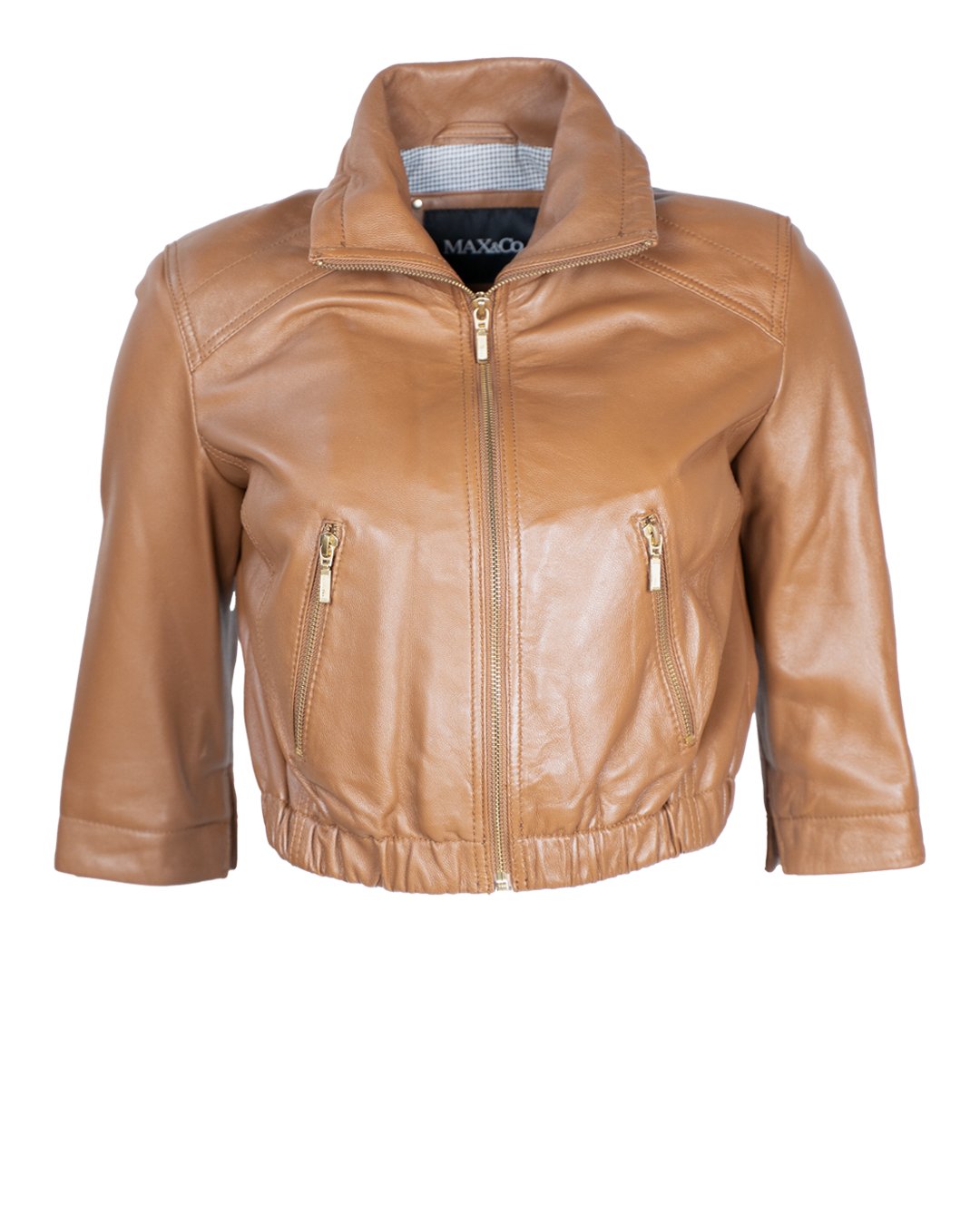 Giubbotto Donna Max&Co in Pelle Color Cuoio Vintage Anni 2000 con Zip e Collo Alto