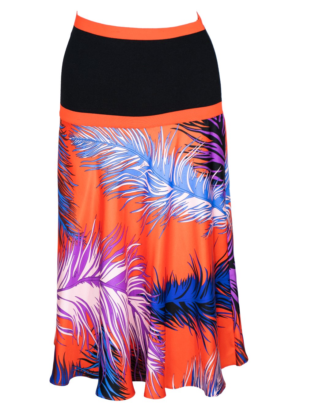 Gonna Donna Svasata a Stampa Piume Multicolor Arancione con Fascia Vita Nera Vintage