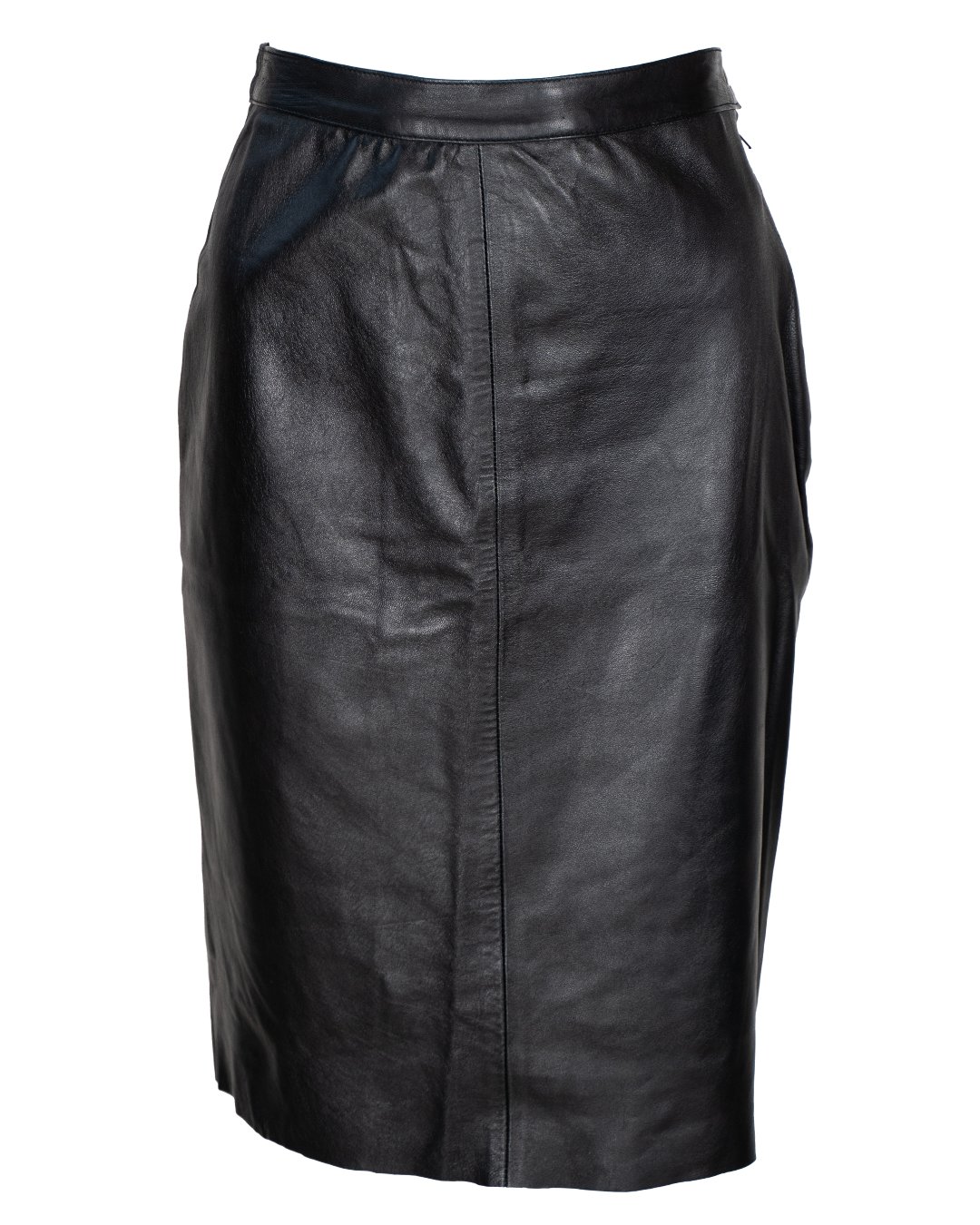 Gonna a Tubino Donna in Pelle Nera Vintage Anni 80 con Zip Laterale e Spacco Posteriore