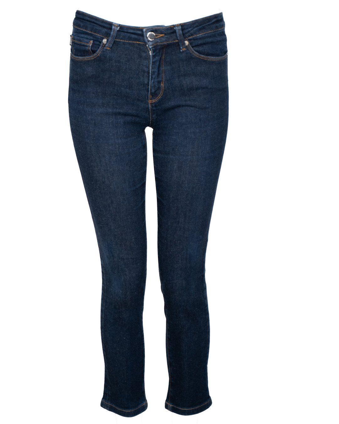Jeans Slim Donna Love Moschino Blu Denim Scuro Vintage con Patch Logo e Cuciture Arancio