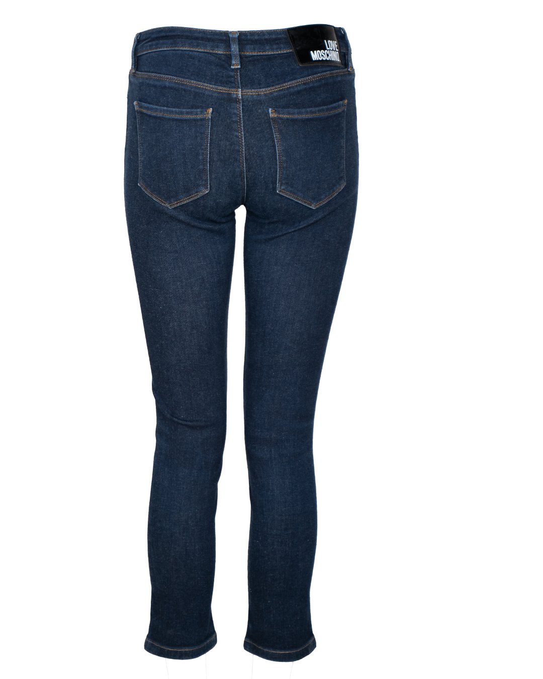 Jeans Slim Donna Love Moschino Blu Denim Scuro Vintage con Patch Logo e Cuciture Arancio - foto 2