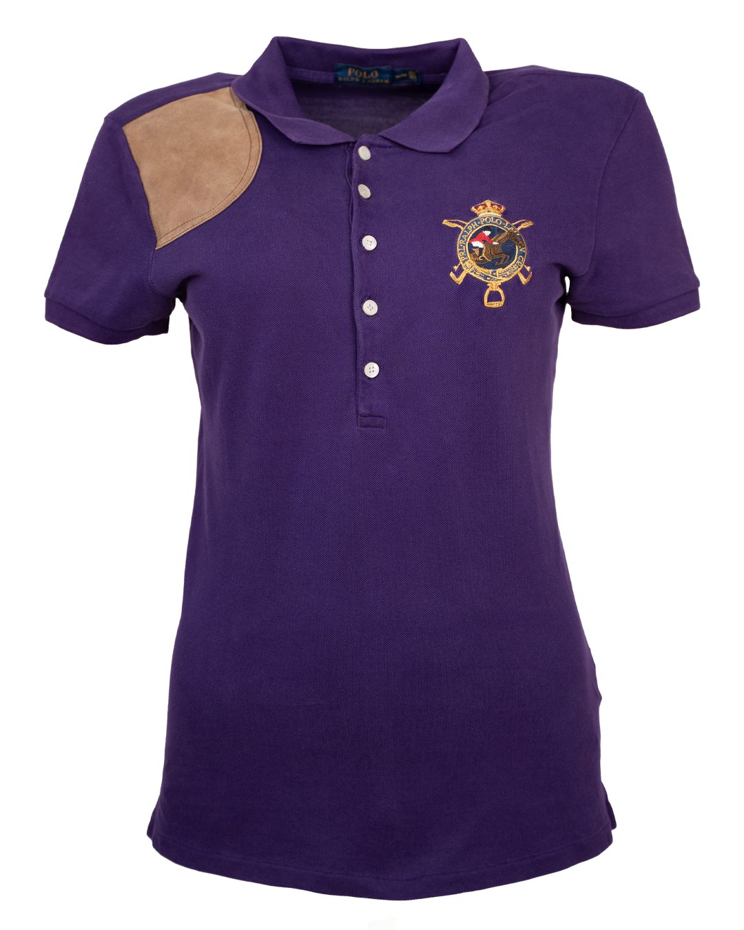 Polo Donna Polo Ralph Lauren Viola con Stemma Equestre Ricamato e Toppa Scamosciata