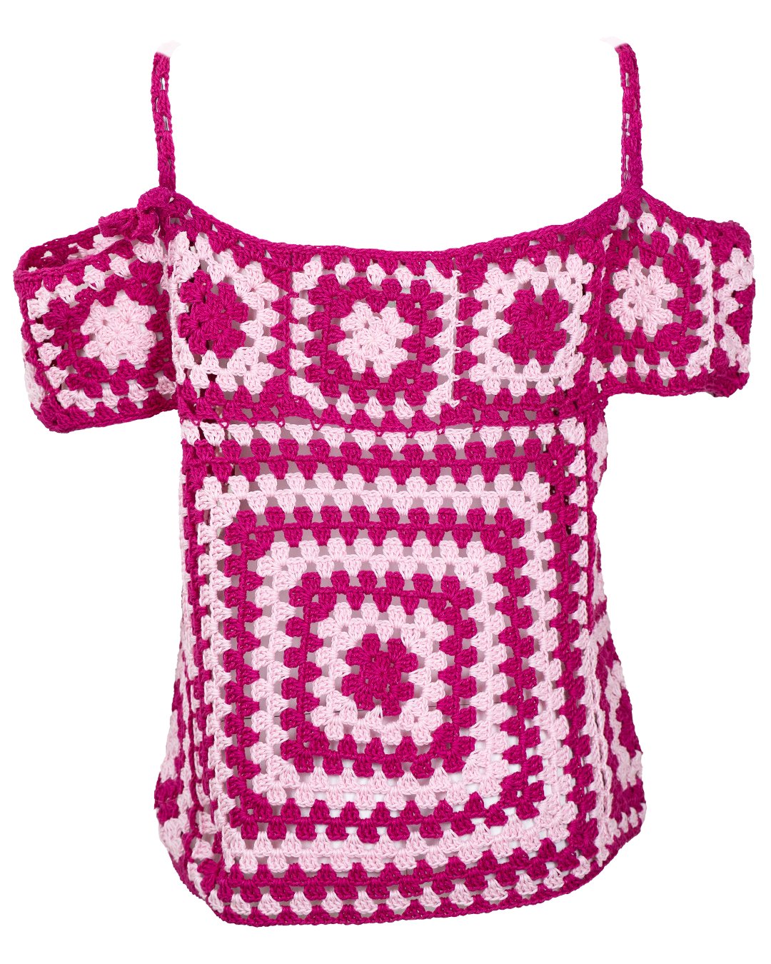 Top Donna all'Uncinetto Artigianale Fuxia e Rosa a Mattonelle Vintage Anni 80