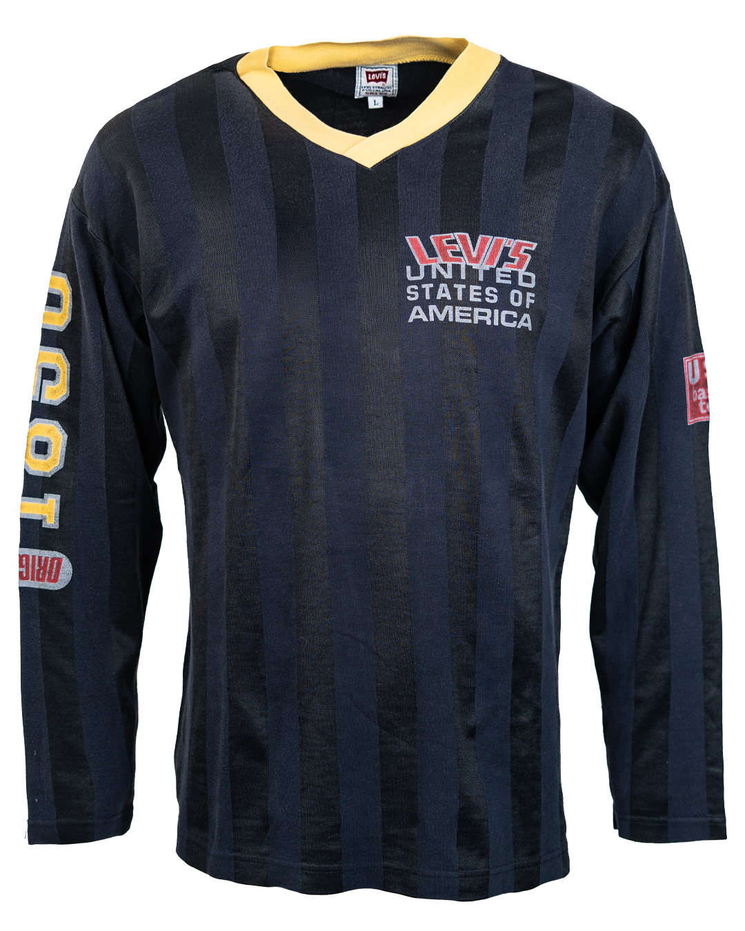 Maglia Uomo Levi's Blu Navy a Righe Vintage Anni 2000 Stile Baseball Jersey con Collo a V Giallo