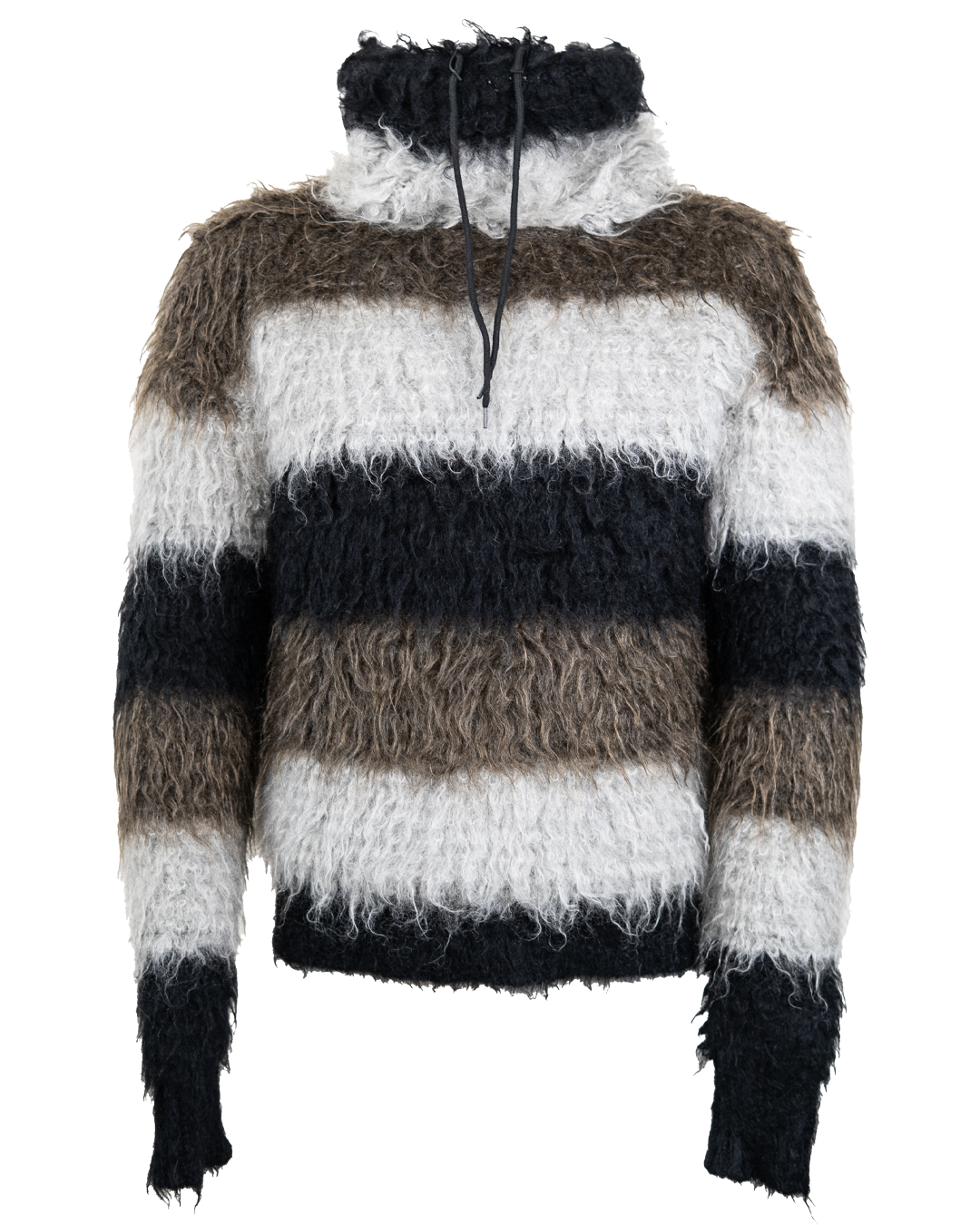 Maglione Uomo Saint Laurent Vintage a Righe Nero Grigio e Marrone Effetto Mohair con Collo Alto a Coulisse