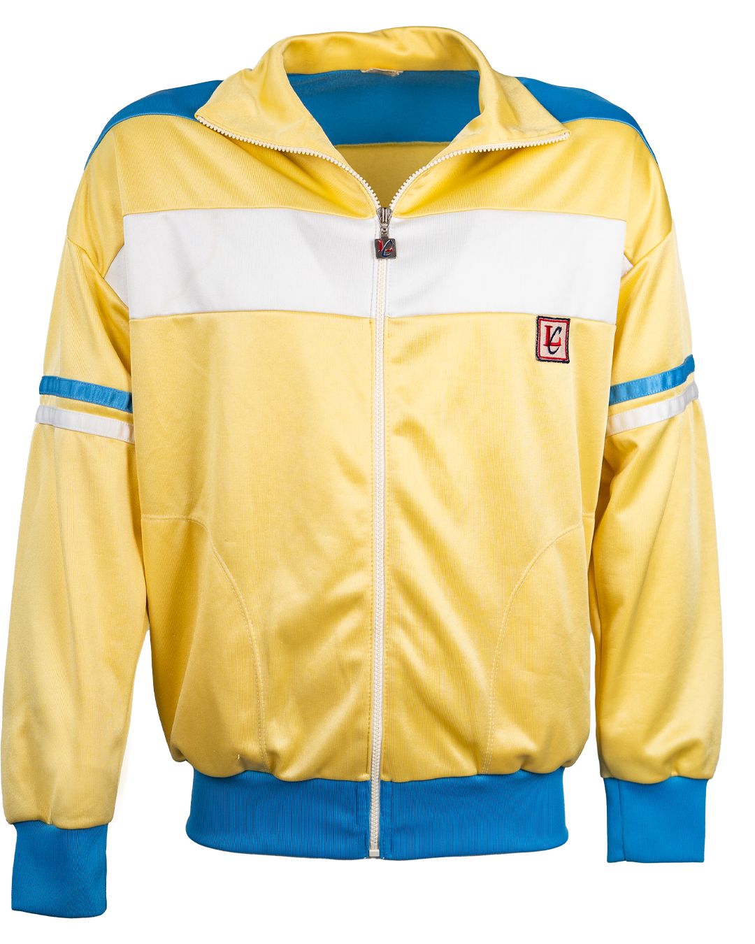 Felpa Track Jacket Uomo LC Giallo e Azzurro Vintage Anni 70-80 in Acetato con Logo Monogramma