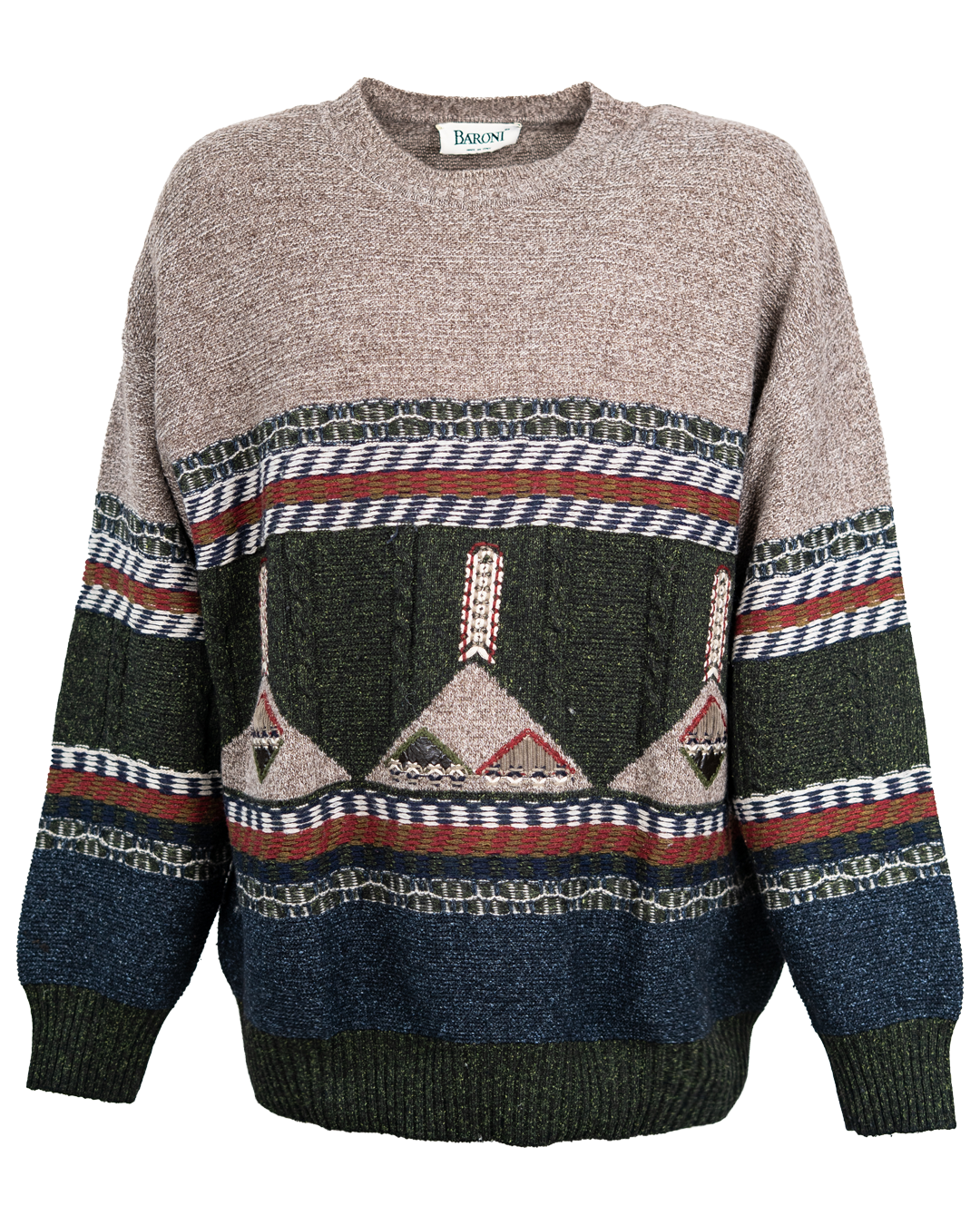 Maglione Uomo Baroni Vintage Beige Verde e Blu Girocollo a Bande Testurizzate con Applicazioni Made in Italy