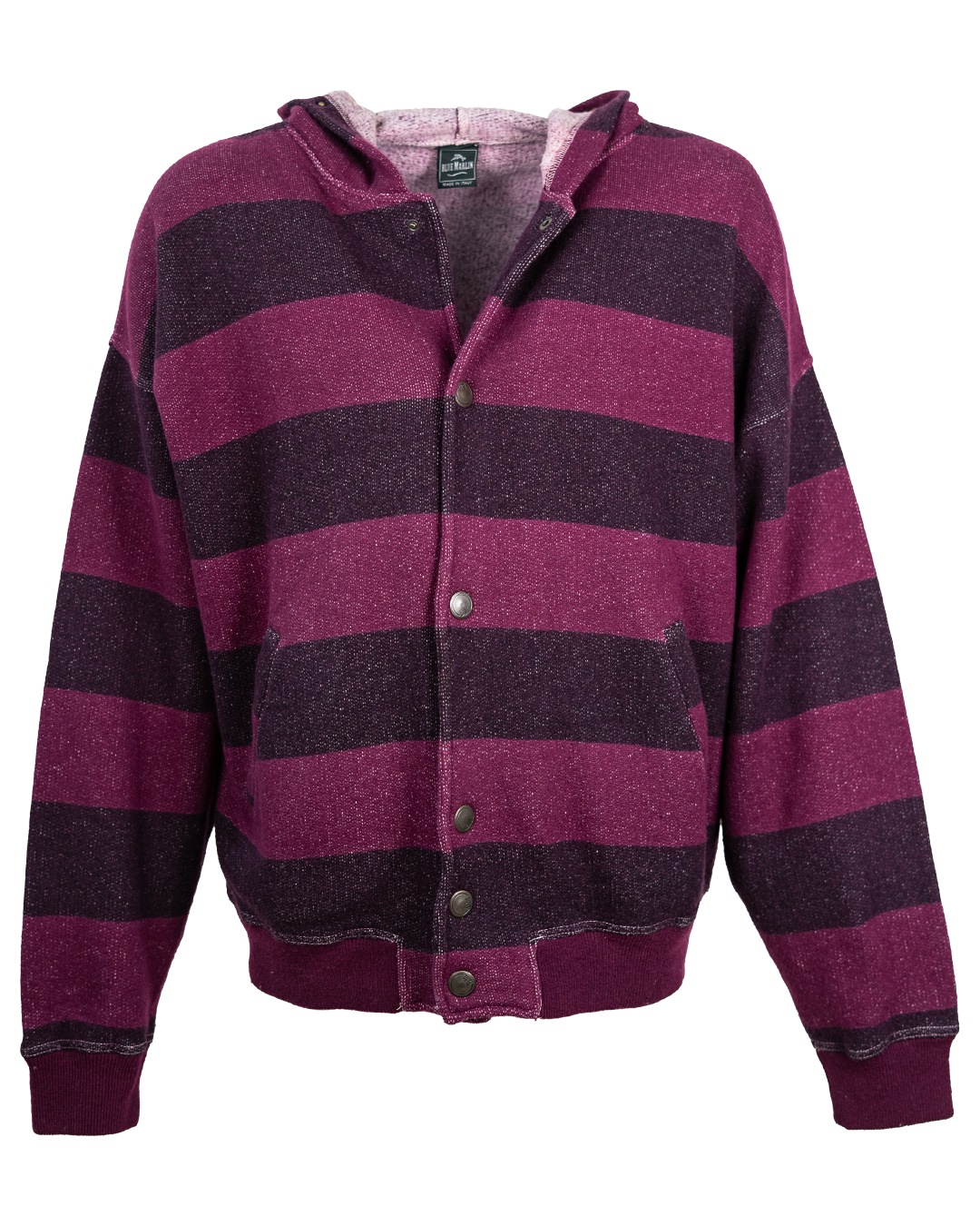 Felpa Cardigan Uomo Blue Marlin Vintage Anni 80 a Righe Bordeaux e Prugna con Cappuccio e Bottoni a Pressione