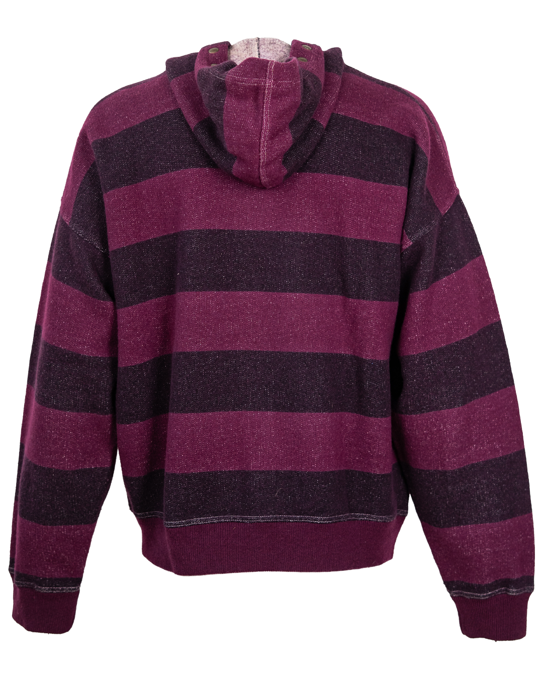 Felpa Cardigan Uomo Blue Marlin Vintage Anni 80 a Righe Bordeaux e Prugna con Cappuccio e Bottoni a Pressione - foto 2
