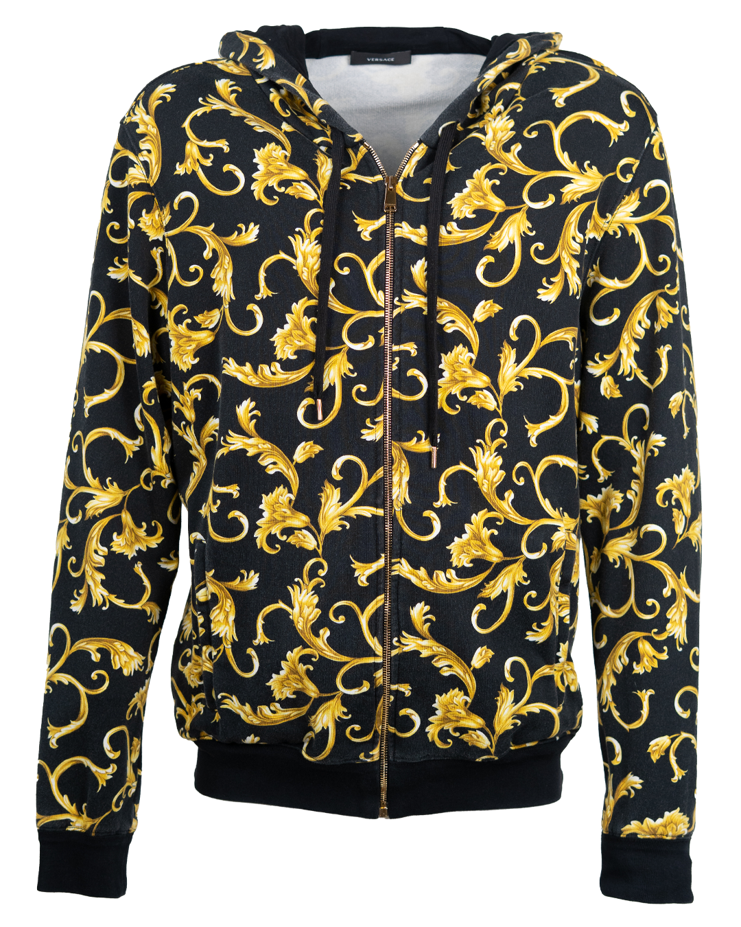 Felpa con Zip e Cappuccio Uomo Versace Nero e Oro Stampa Barocco con Cursore Logato Dorato