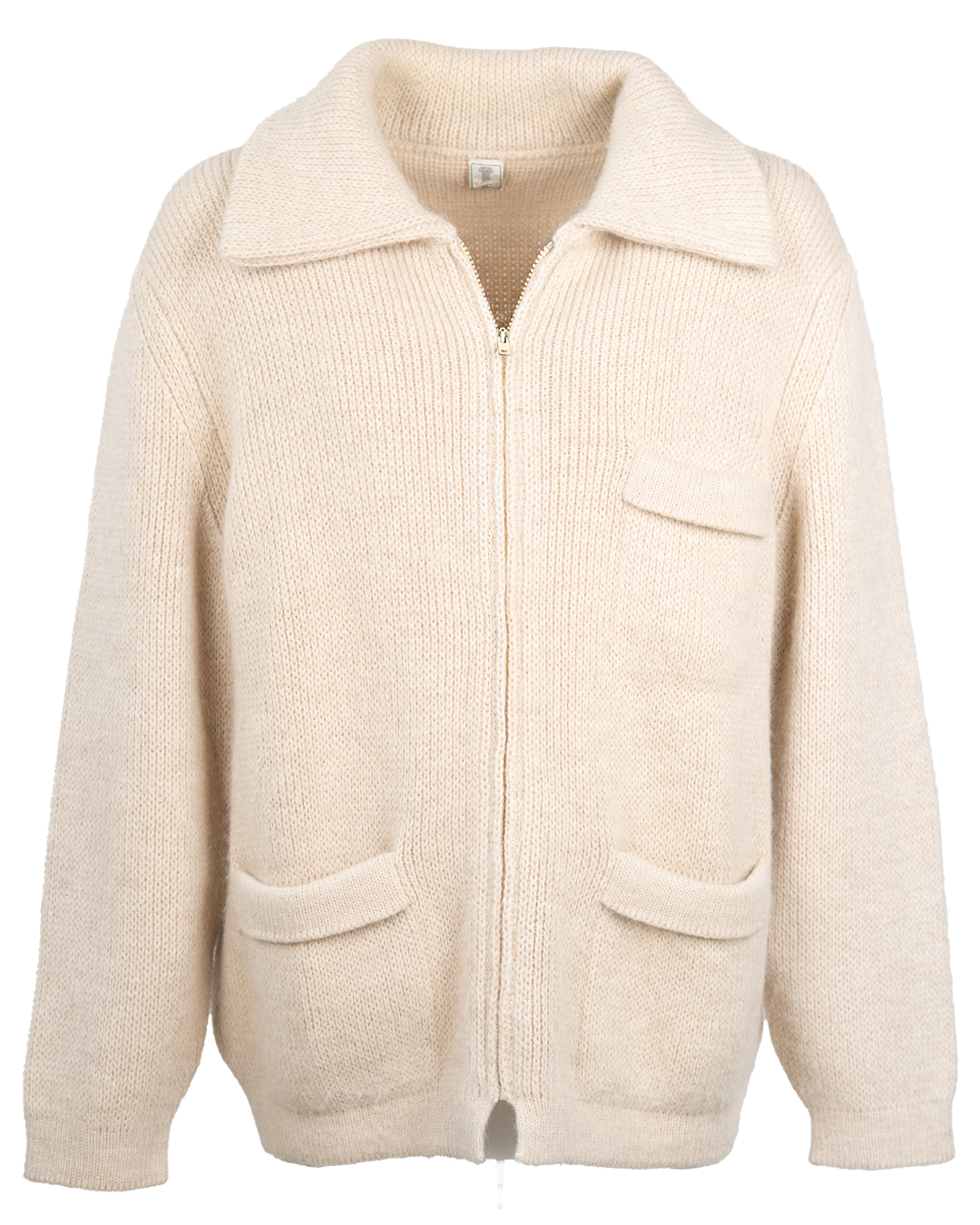 Cardigan Uomo Classic Beige con Zip Dorata e Collo a Camicia Vintage Anni 80 Tasche Applicate