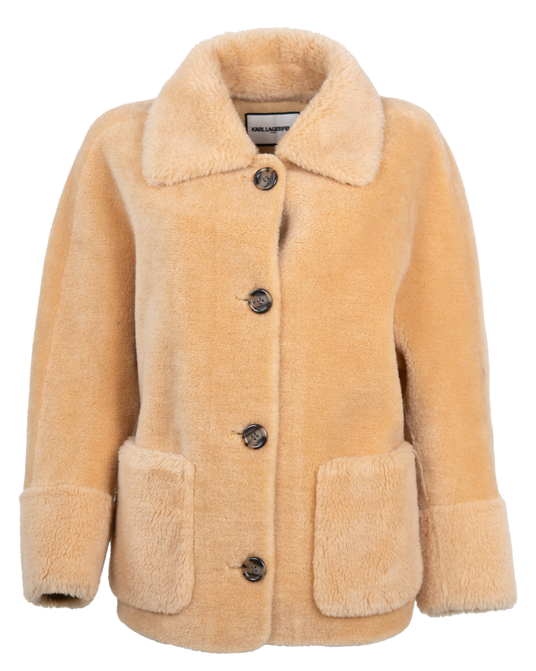 Giacca Donna Karl Lagerfeld Teddy Beige Effetto Montone con Tasche Applicate e Polsini Risvoltati