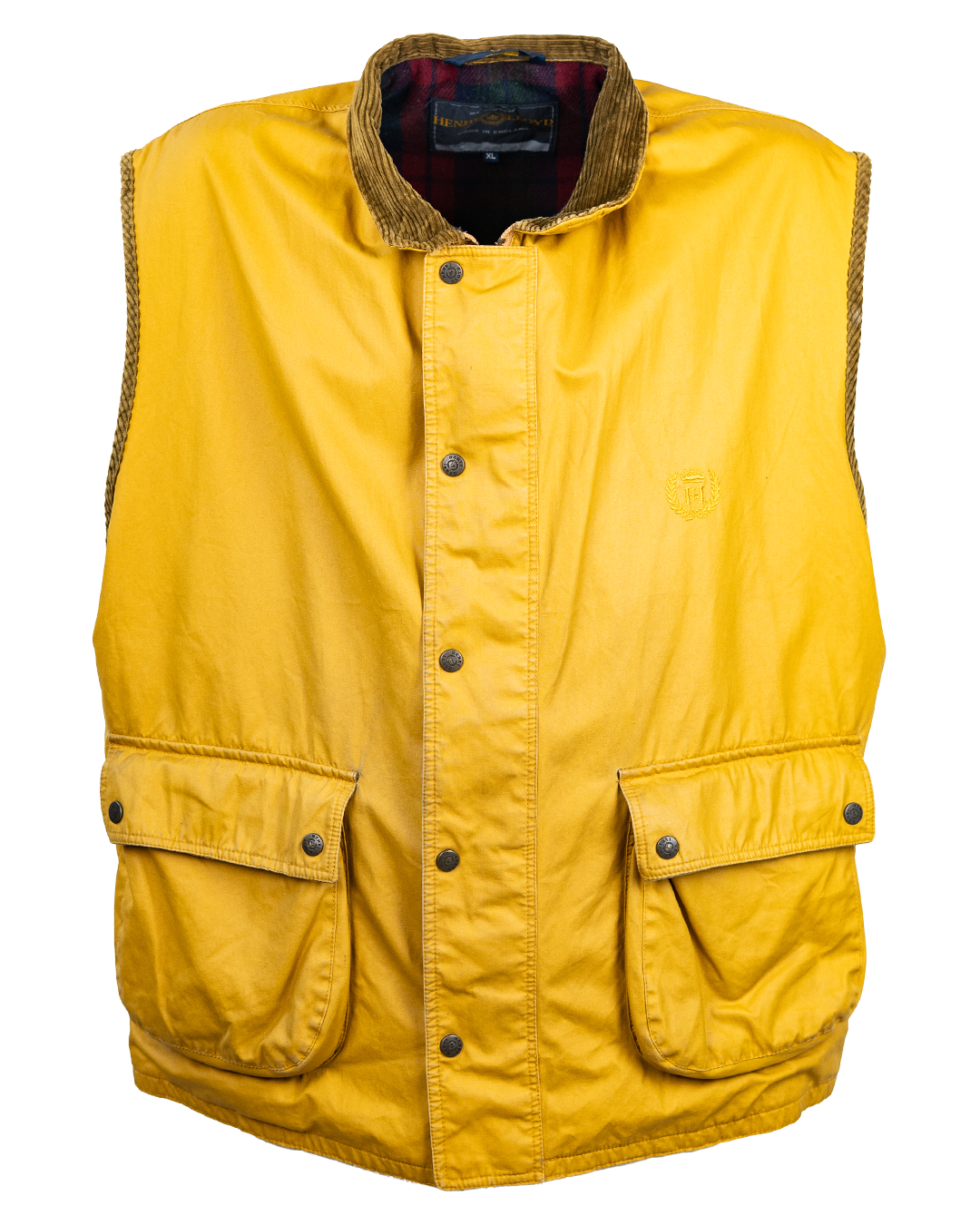 Gilet Uomo Henri Lloyd Giallo Senape Vintage Anni 80 Collo in Velluto a Coste Fodera Tartan Made in England