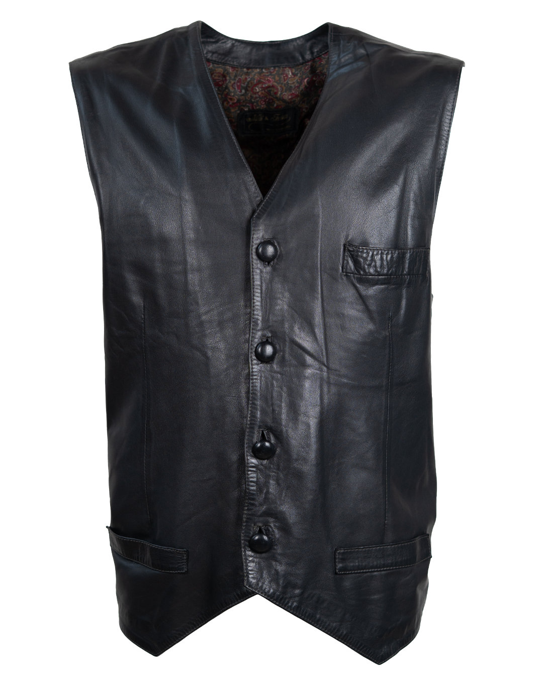 Gilet Uomo Maté & Trevisani in Pelle Nera Vintage Anni 80-90 Fodera Paisley e Cinturino sul Retro