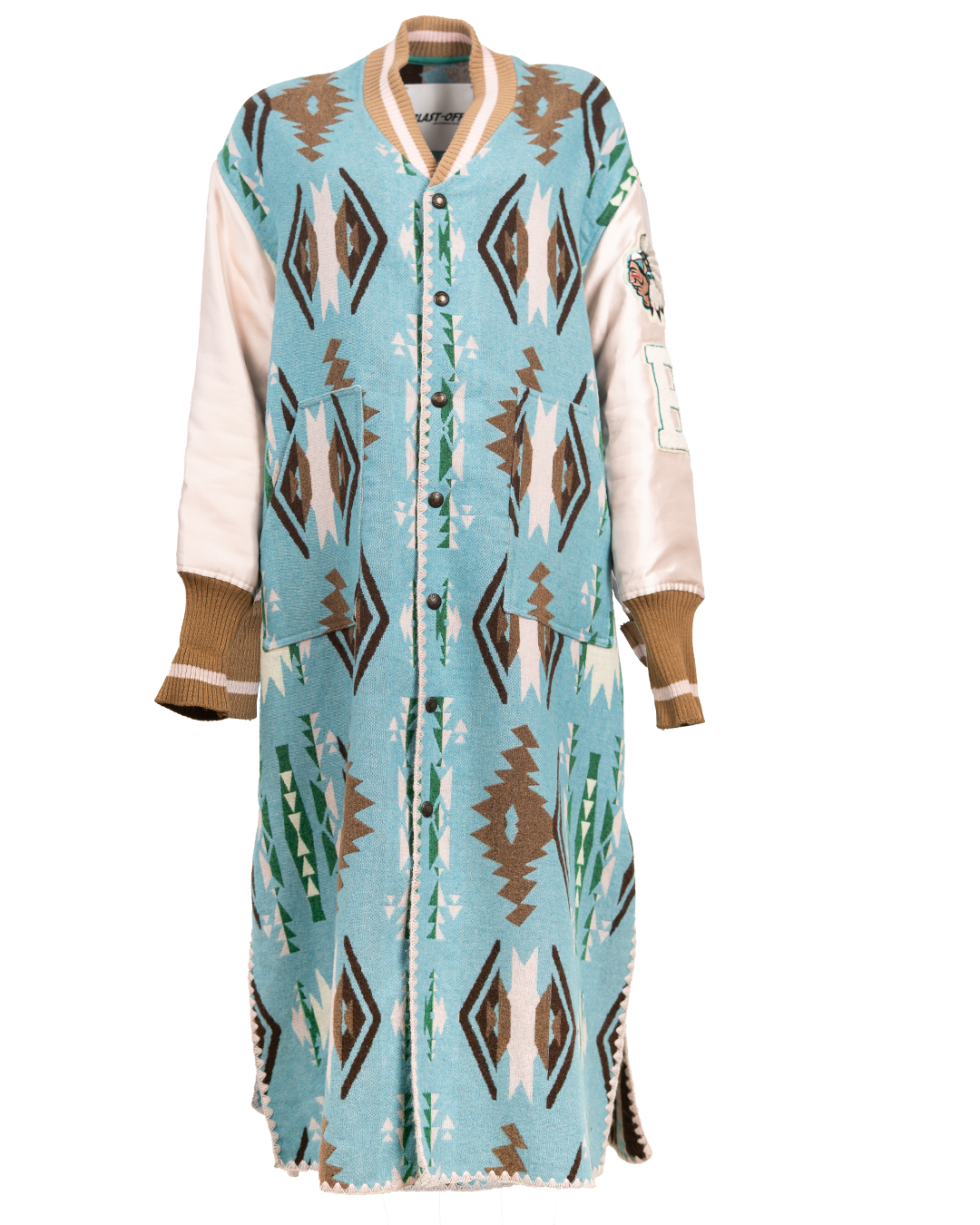 Cappotto Varsity Donna Blast-Off Turchese Jacquard Etnico con Maniche in Raso e Patch in Ciniglia