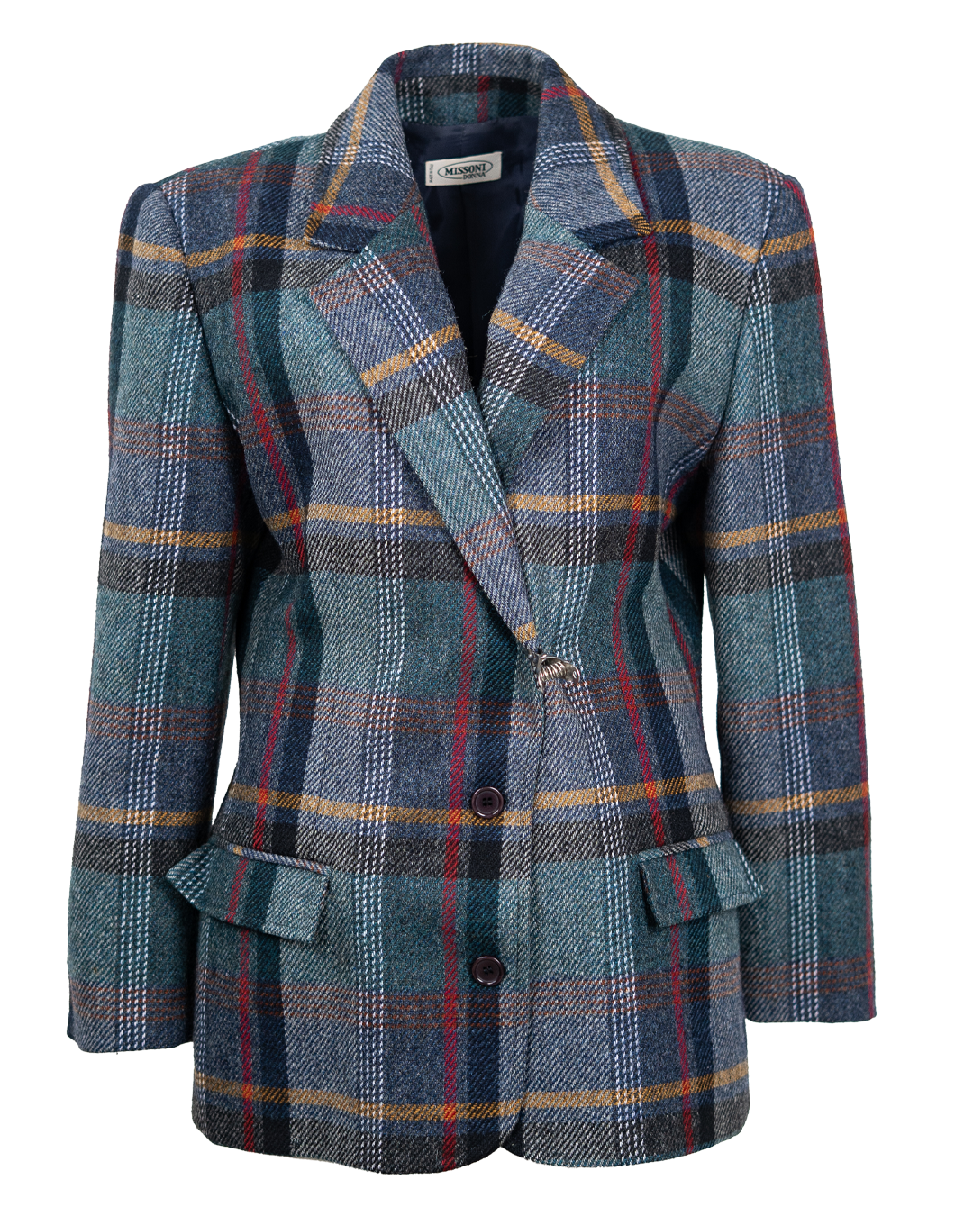Blazer Donna Missoni Tartan Blu e Verde Petrolio Vintage Anni 80 con Fermaglio in Metallo Made in Italy