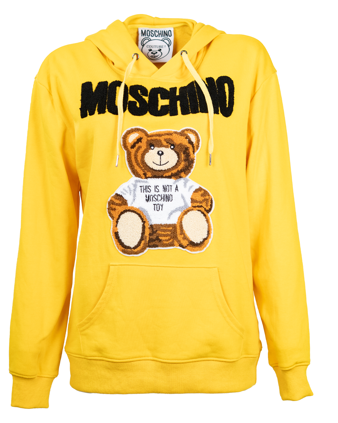 Felpa con Cappuccio Donna Moschino Couture Gialla Teddy Bear in Spugna Logo Nero This Is Not a Moschino Toy