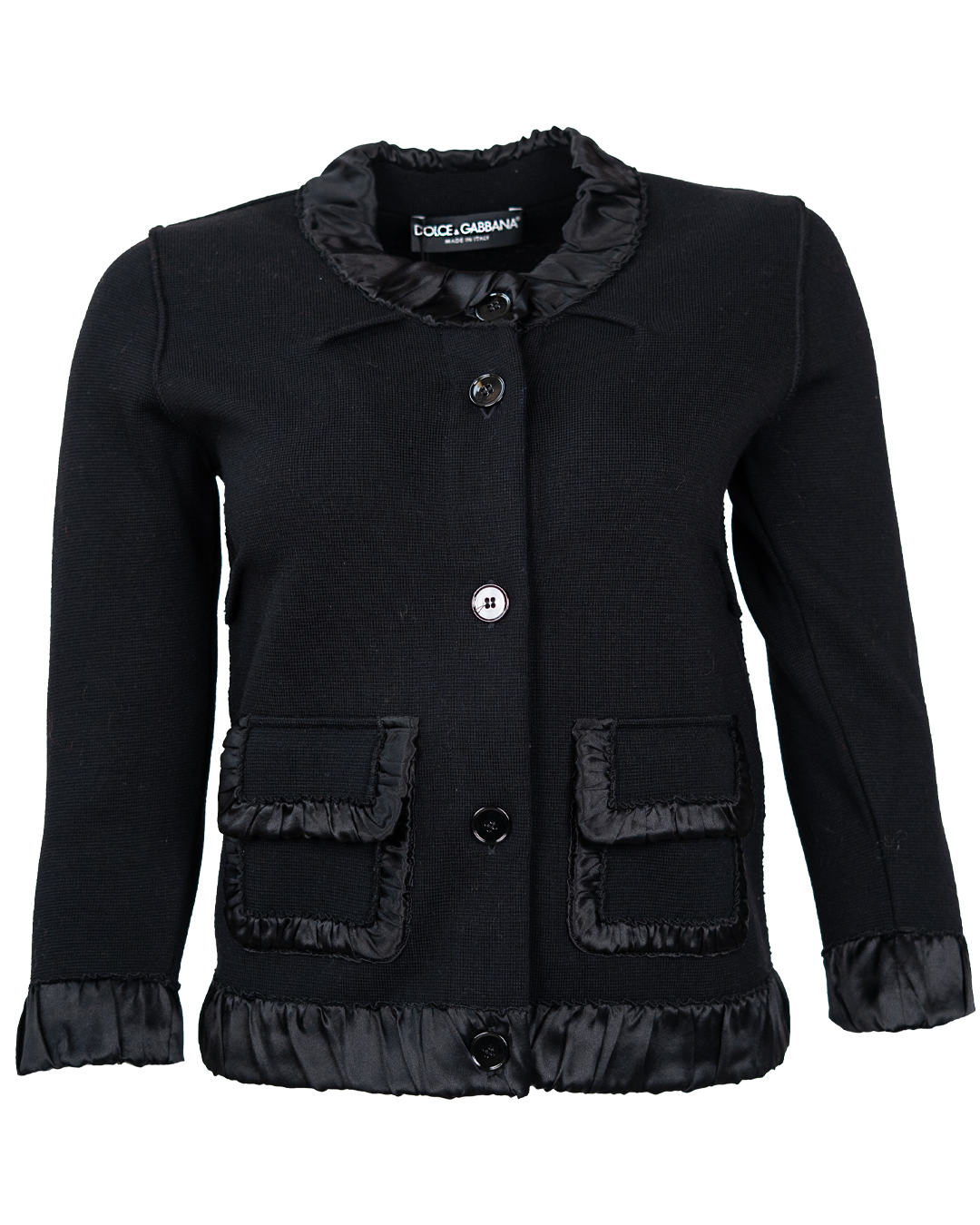 Giacca Donna Dolce & Gabbana Nera in Maglia con Rouches in Raso e Tasche a Patta Vintage Made in Italy