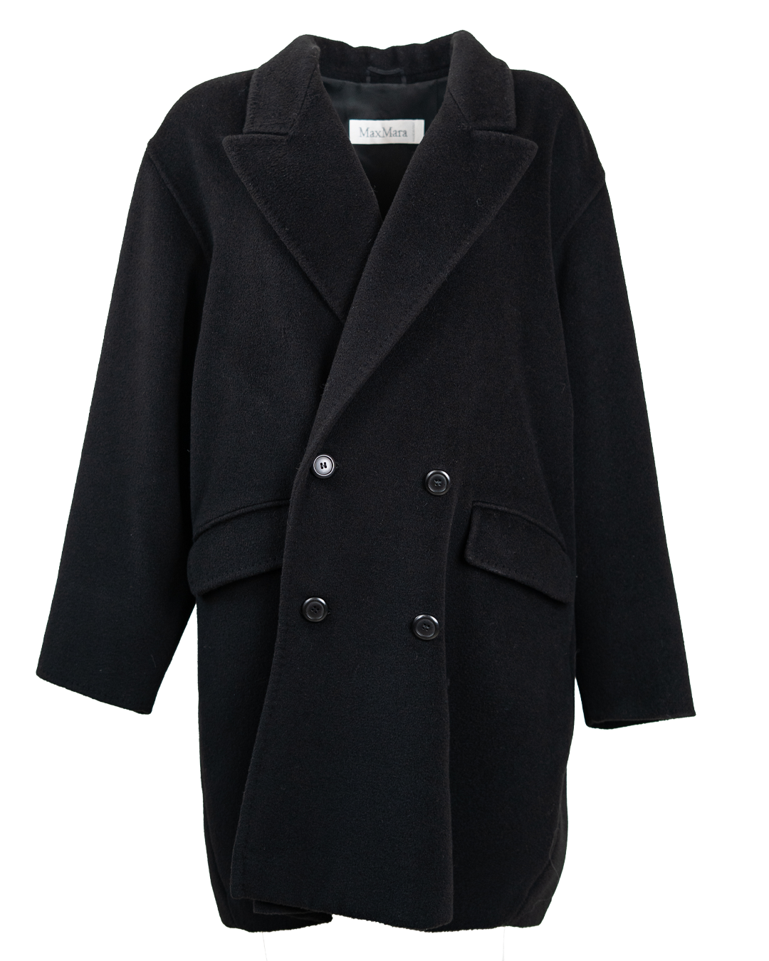 Cappotto Donna Max Mara Nero Doppiopetto Vintage Anni 90 Revers a Lancia e Tasche a Pattina Made in Italy
