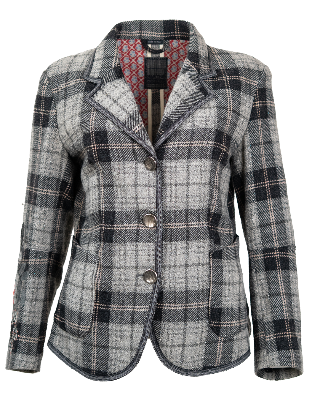 Giacca Blazer Donna Marithé François Girbaud Tartan Grigio con Ricamo Bacche sulla Manica Made in Italy