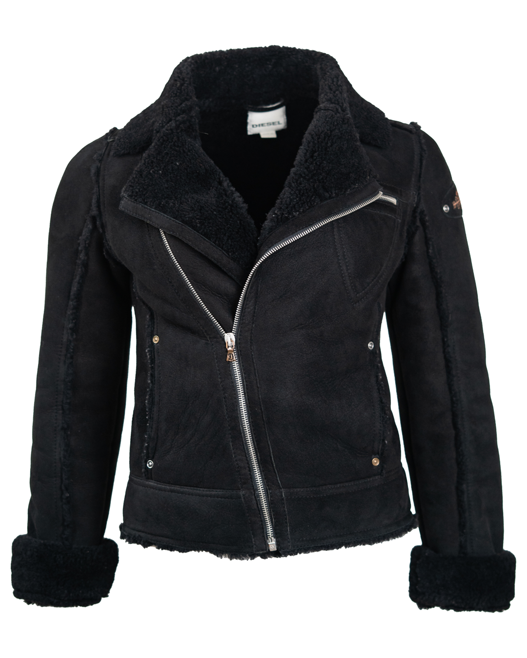 Giacca Montone Donna Diesel Nera Biker con Zip Obliqua e Collo in Shearling Vintage Anni 2000