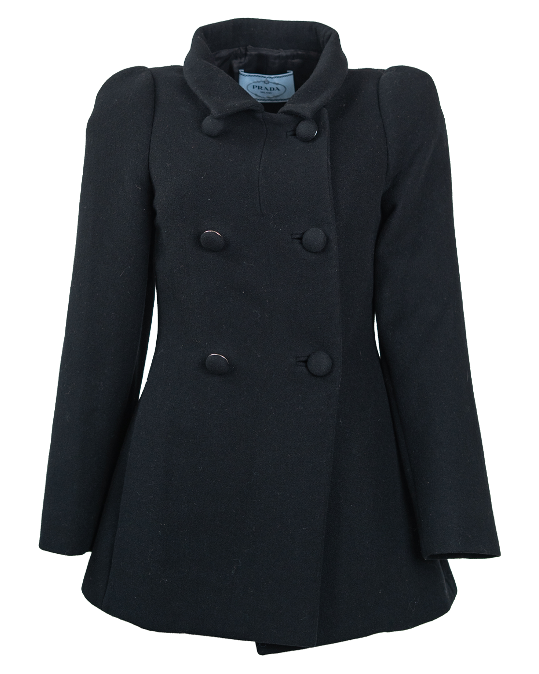 Cappotto Donna Prada Nero Doppiopetto Vintage Anni 2000 Spalle a Sbuffo e Bottoni Ricoperti
