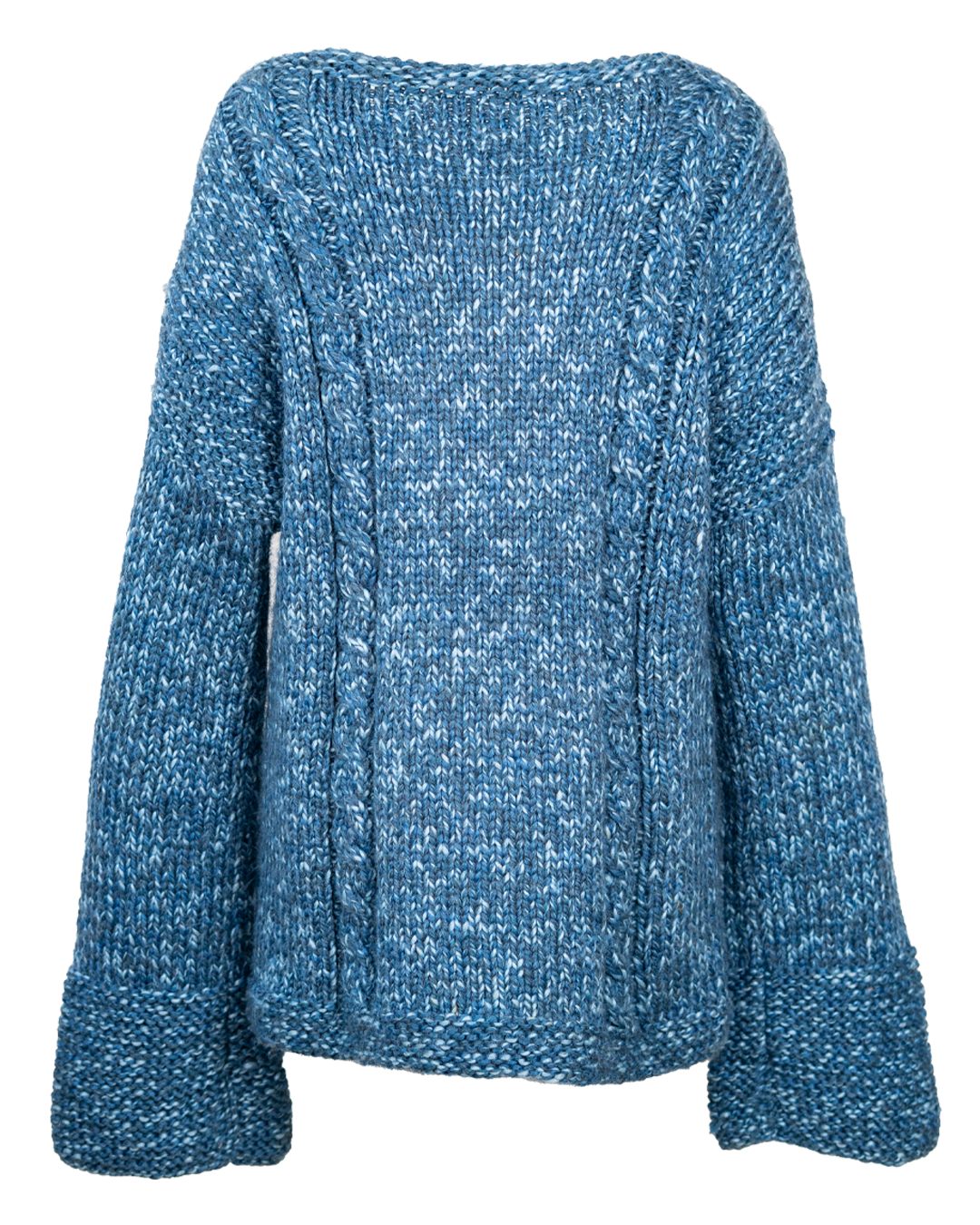 Maglione Donna Vintage Anni 2000 Blu Melange a Trecce con Scollo a Barchetta e Maniche Svasate