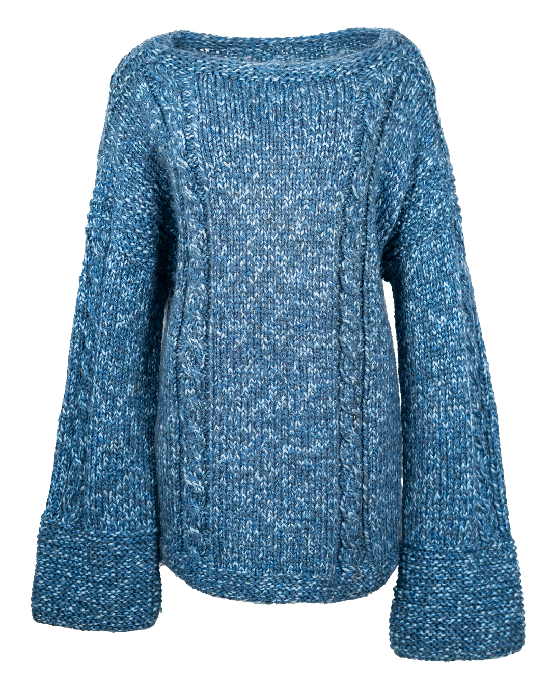 Maglione Donna Vintage Anni 2000 Blu Melange a Trecce con Scollo a Barchetta e Maniche Svasate - foto 2
