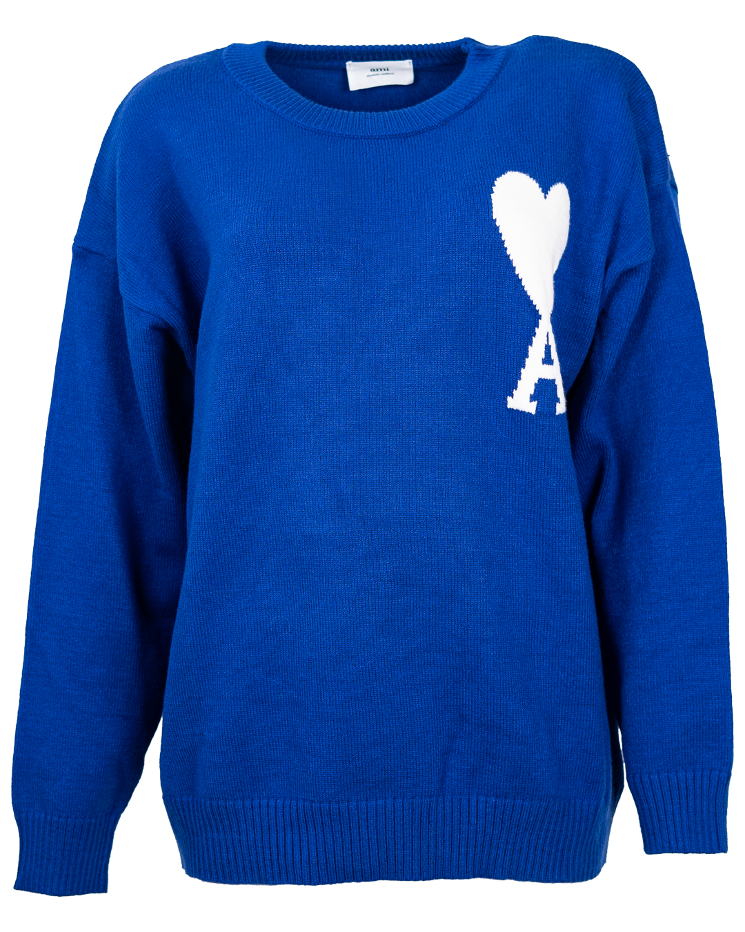 Maglione Unisex Ami Paris Blu Royal Girocollo con Logo Ami de Coeur Bianco Intarsiato Oversize