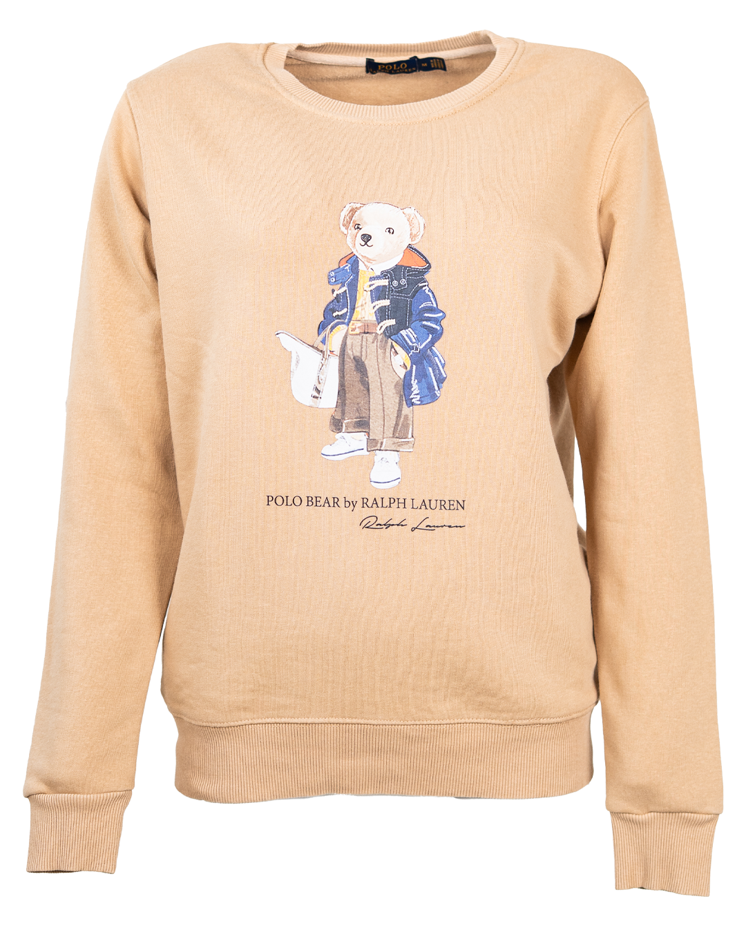 Felpa Girocollo Donna Ralph Lauren Beige Stampa Polo Bear con Montgomery Blu Vintage Anni 2000